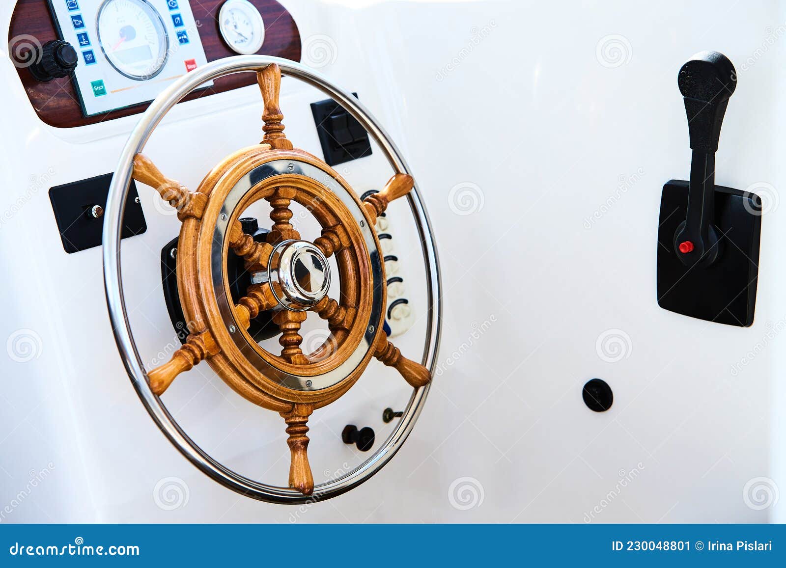 Close Up of Steering Wheel Made of Wood on a Boat. Stock Image Image