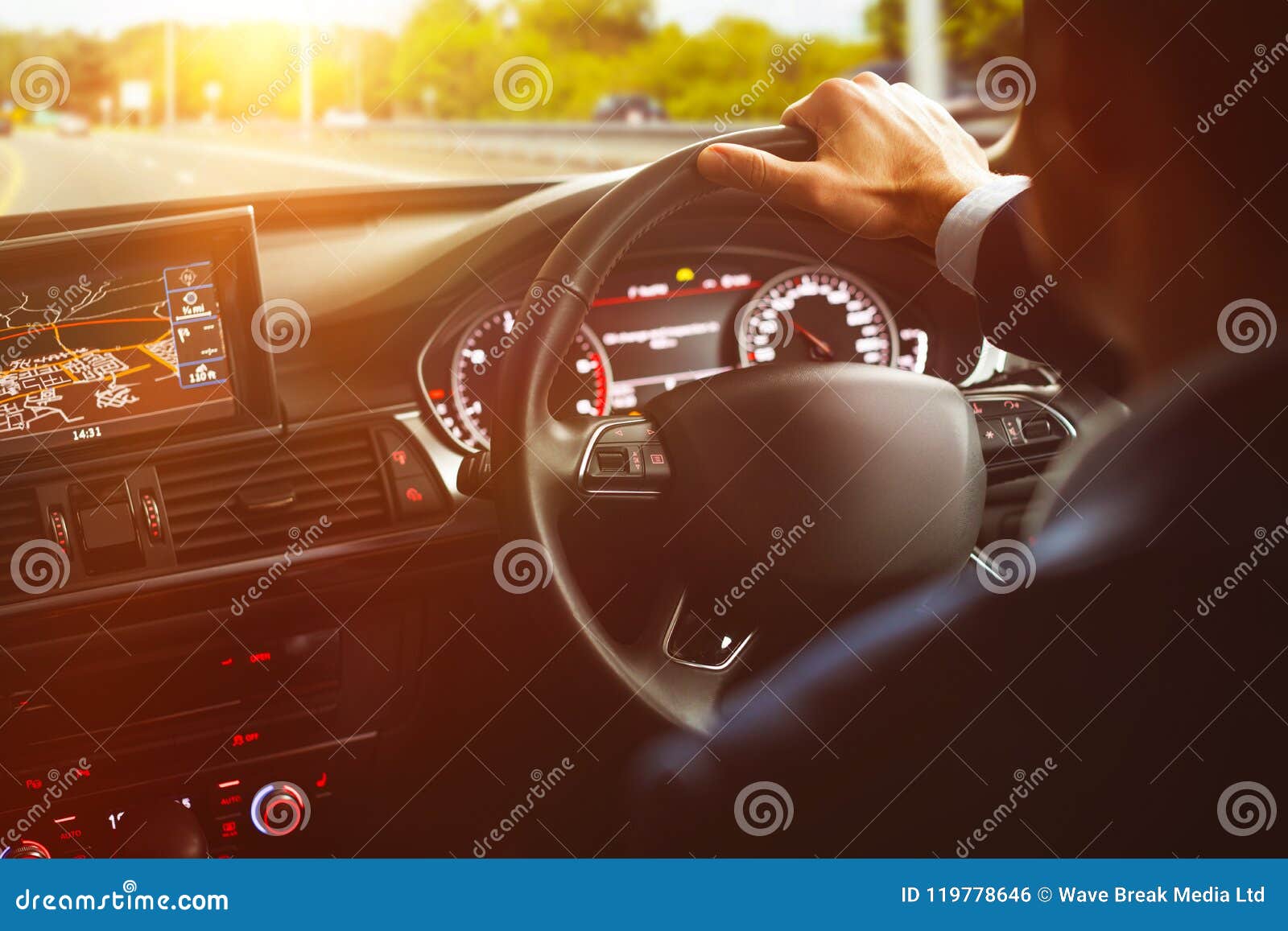Closeup of Steering Wheel and Navigation System Stock Photo Image of