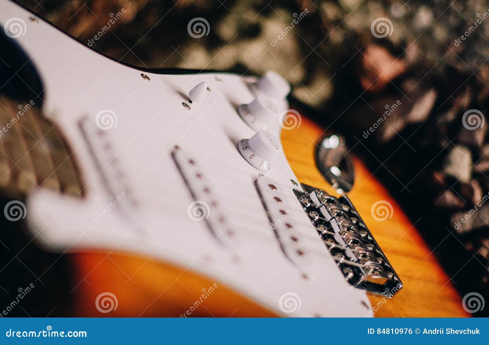 Close Up Strings of Electric Guitar on Ground. Stock Photo Image of