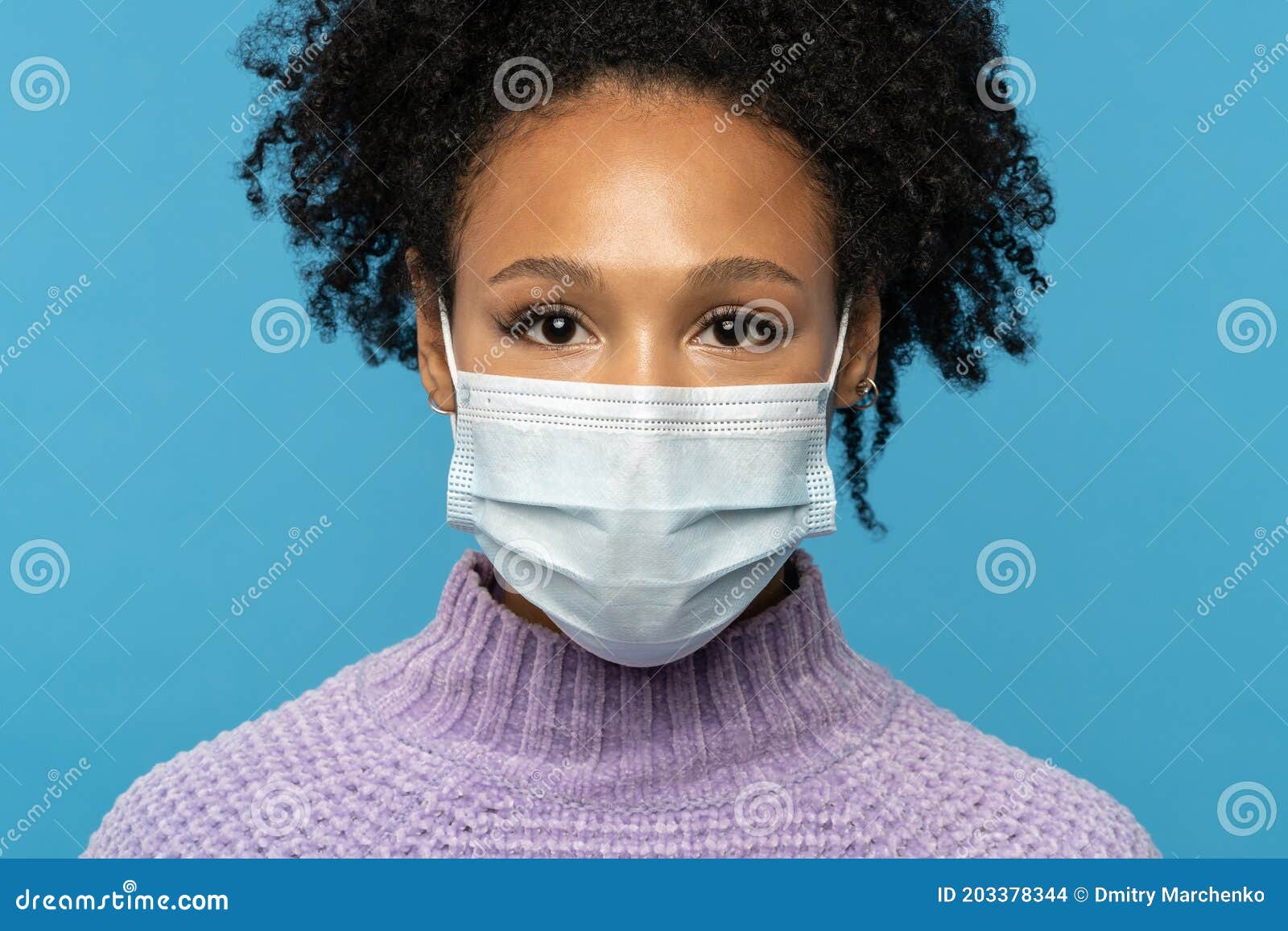 Close Up Studio Portrait of Afro American Woman Wear Face Medical Mask ...