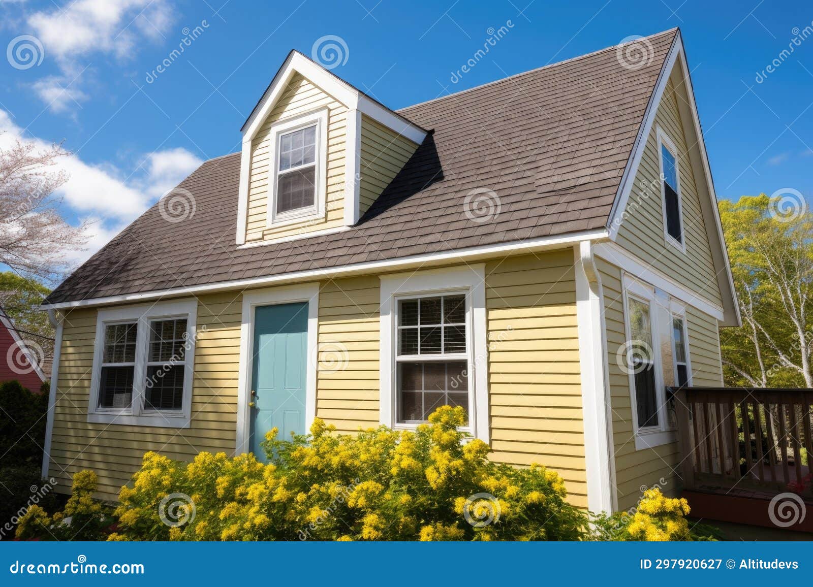 Closeup of a Sunny Cape Cod House with Twin Dormers Stock Image