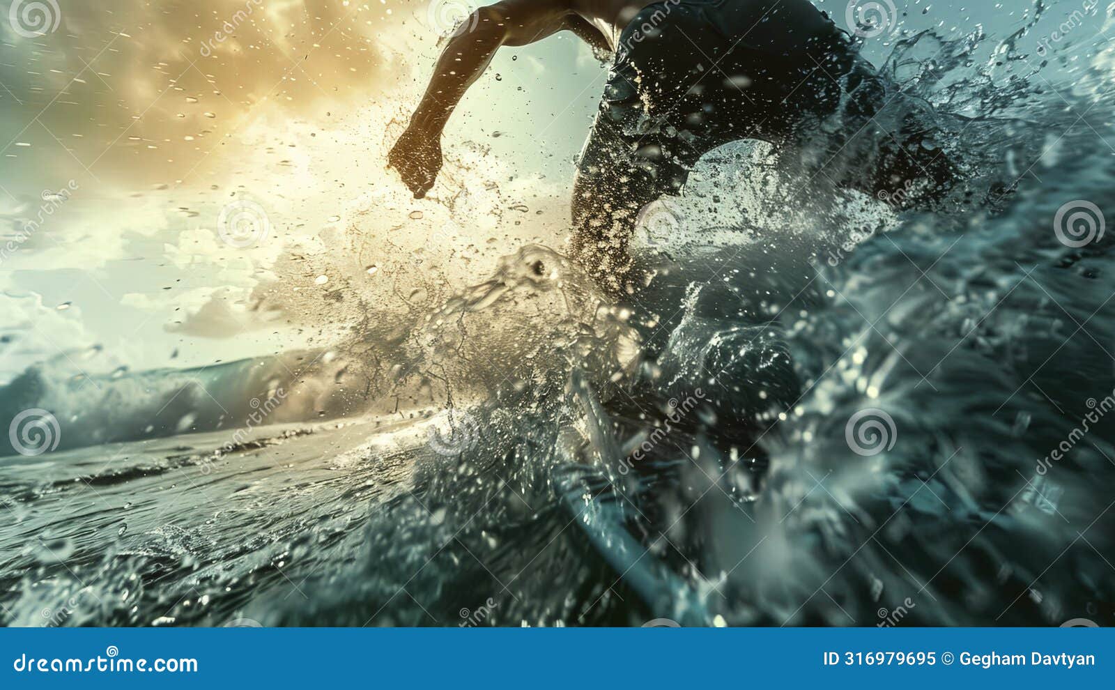 close up of a surfinger doung tricks on the water, water drops background, oceanic scene background