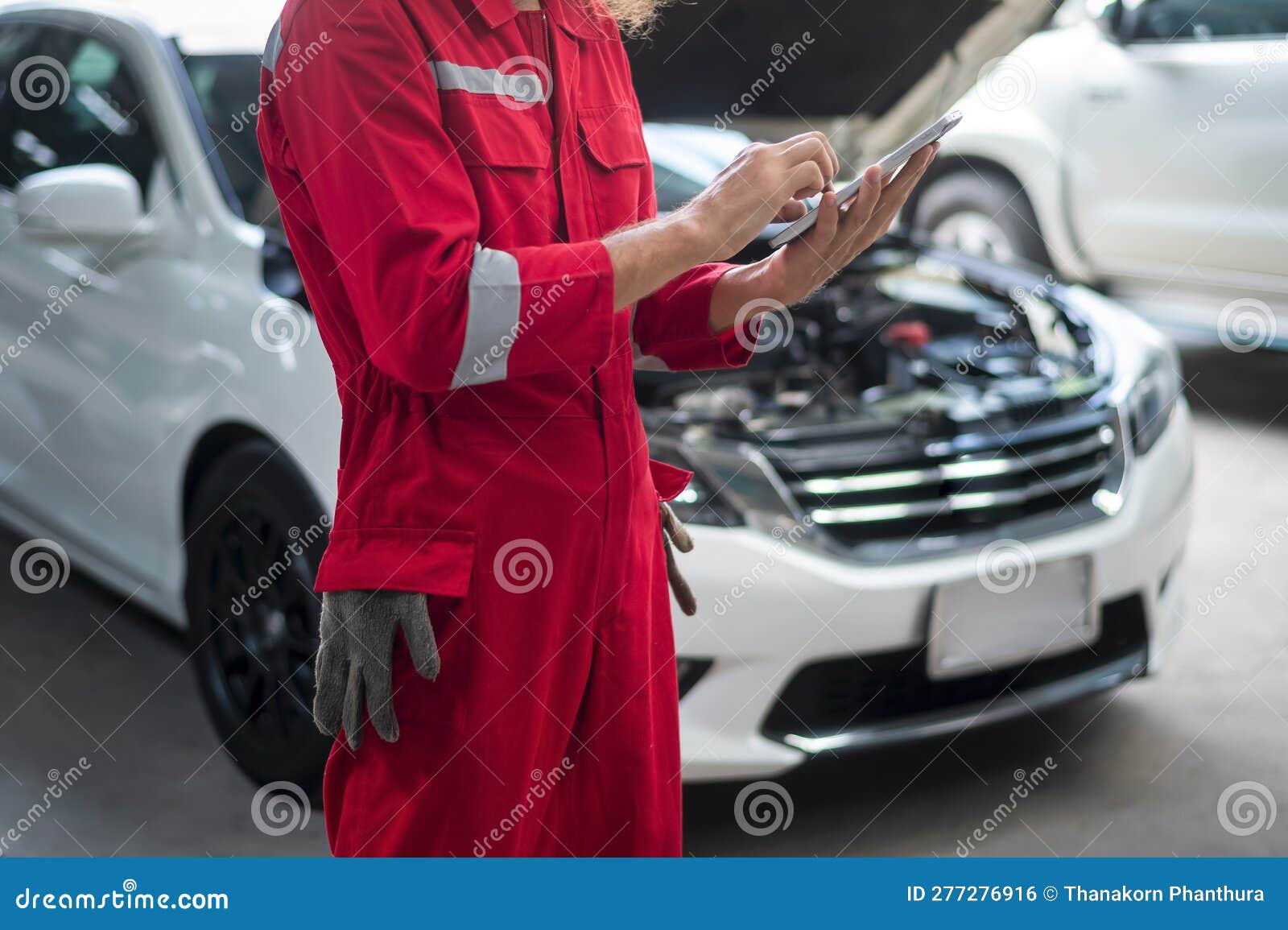 Closeup Technician Man Hand Using Tablet Analyzing Car Problems in