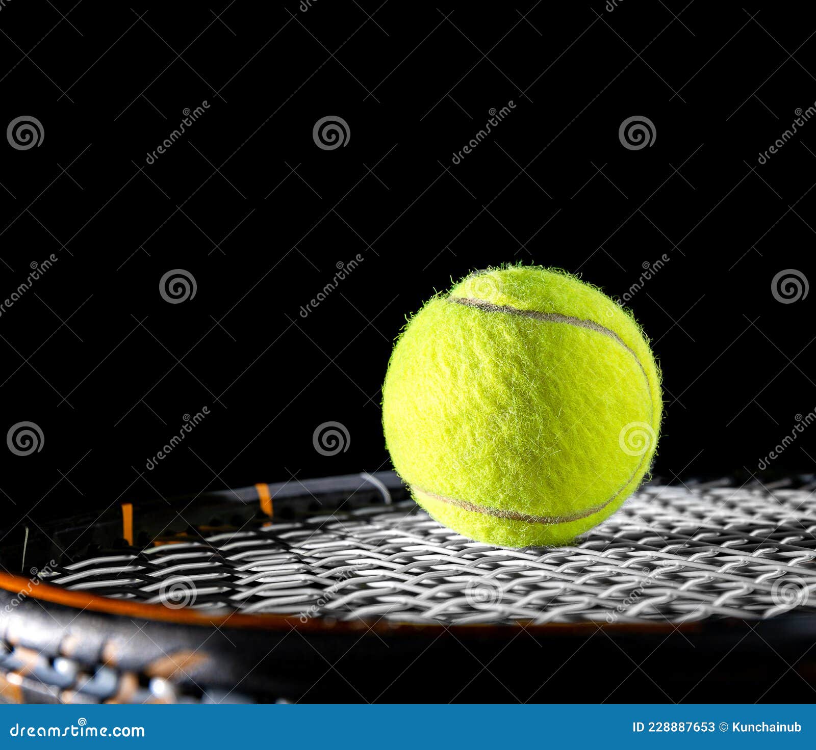 Close Up of Tennis Ball on String or Net of Tennis Racquet, Racket, on  Black Background for Sport for Exercise Hobby and Lifestyle Stock Image -  Image of equipment, competition: 228887653