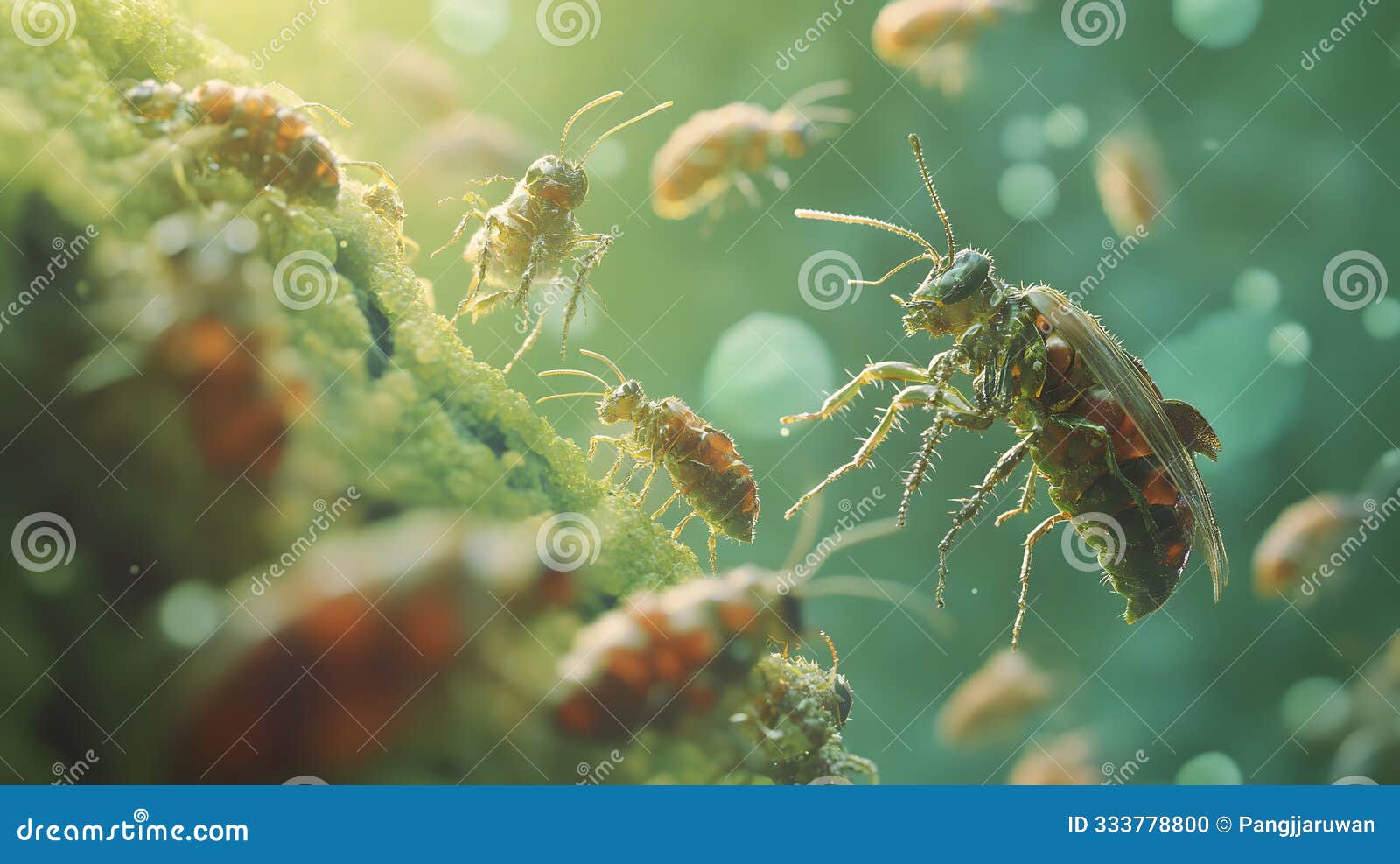 close-up of tiny insects exploring a verdant surface, showcasing the beauty of nature's smallest creatures in vibrant detail
