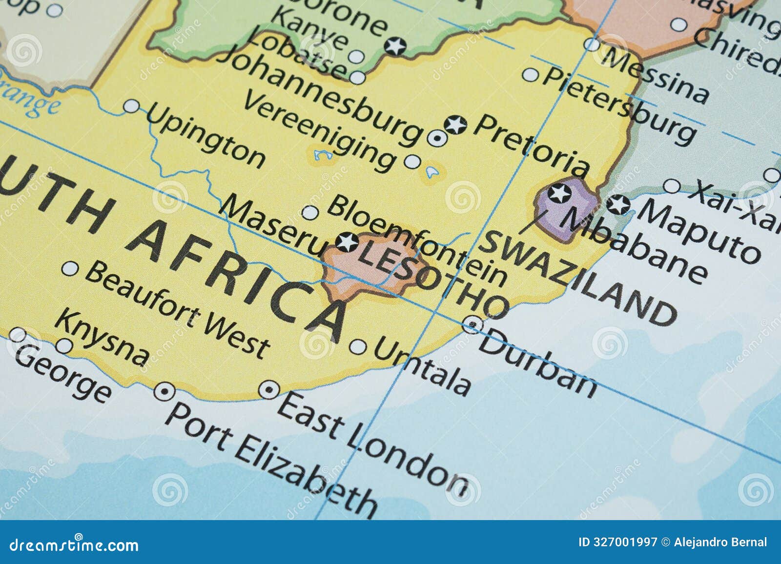 close up to a lesotho political map with country frontiers