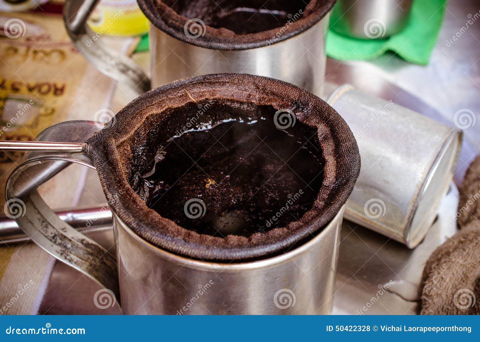 Close Up of Traditional Cotton Filter for Thai Coffee Stock Photo