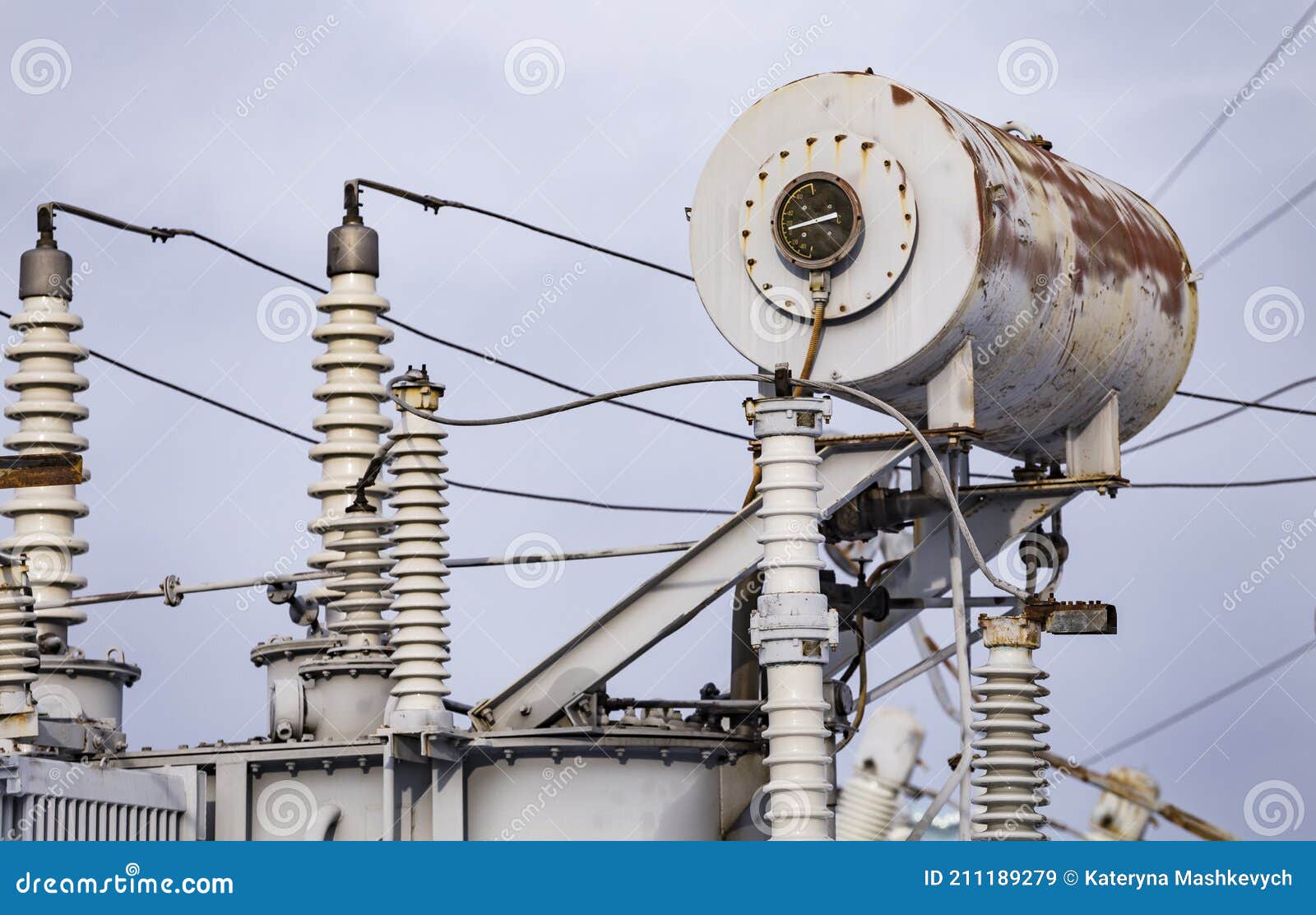 the high voltage power transformer substation. Close up Stock