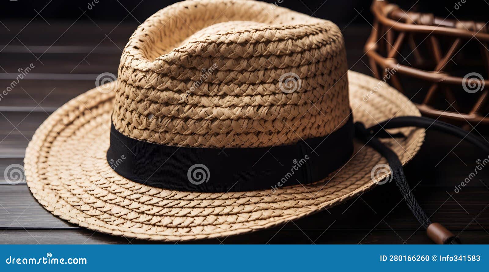 close-up of a trendy straw fedora hat with a black ribbon one generative ai