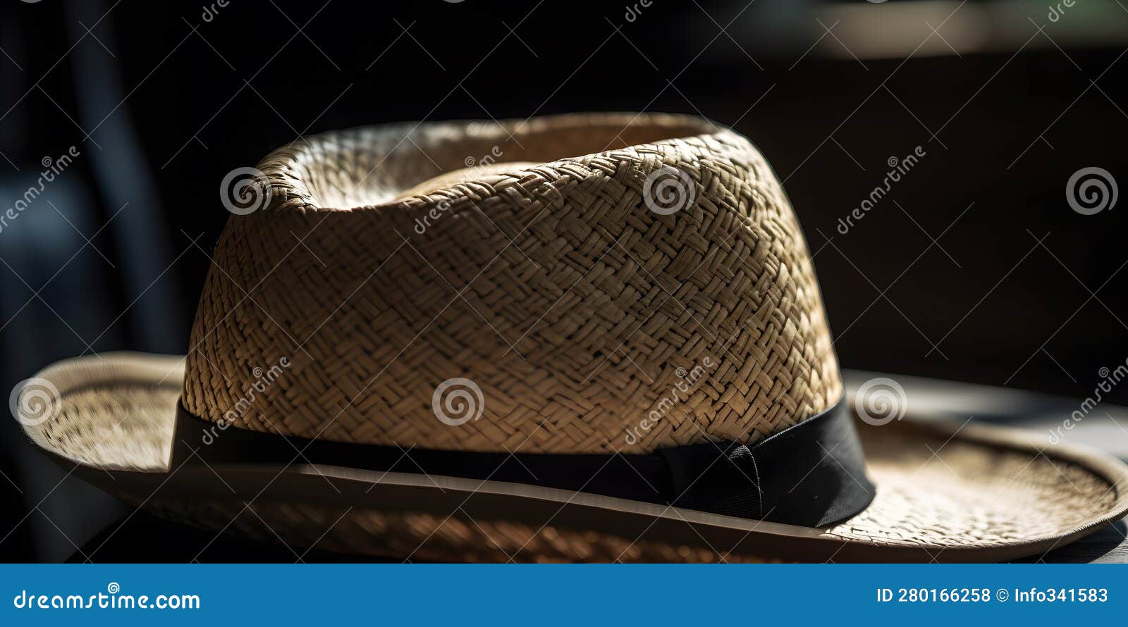 close-up of a trendy straw fedora hat with a black ribbon three generative ai