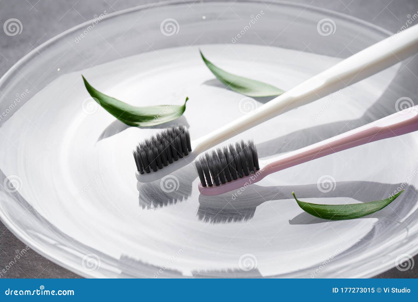 Closeup Two Toothbrushes with Black Bristles on a Light Background