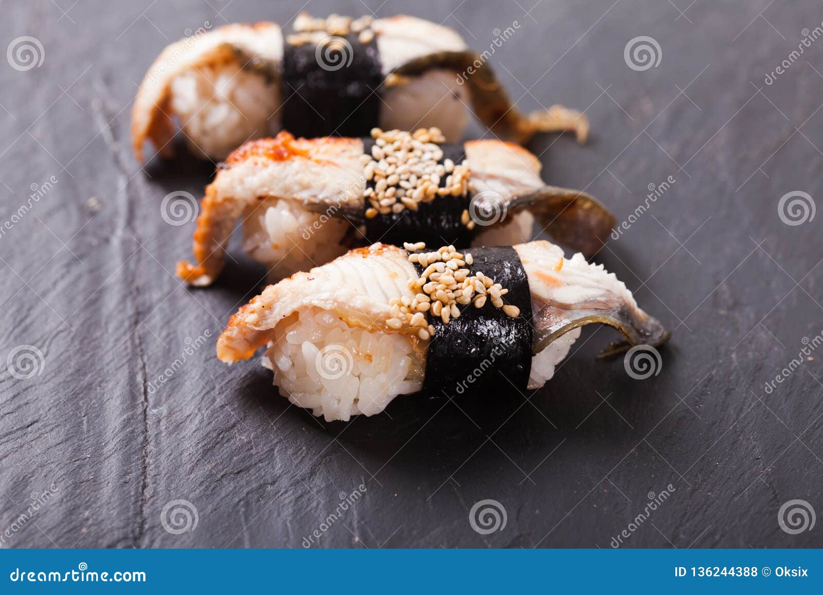 unagi nigiri sushi set on the black slate
