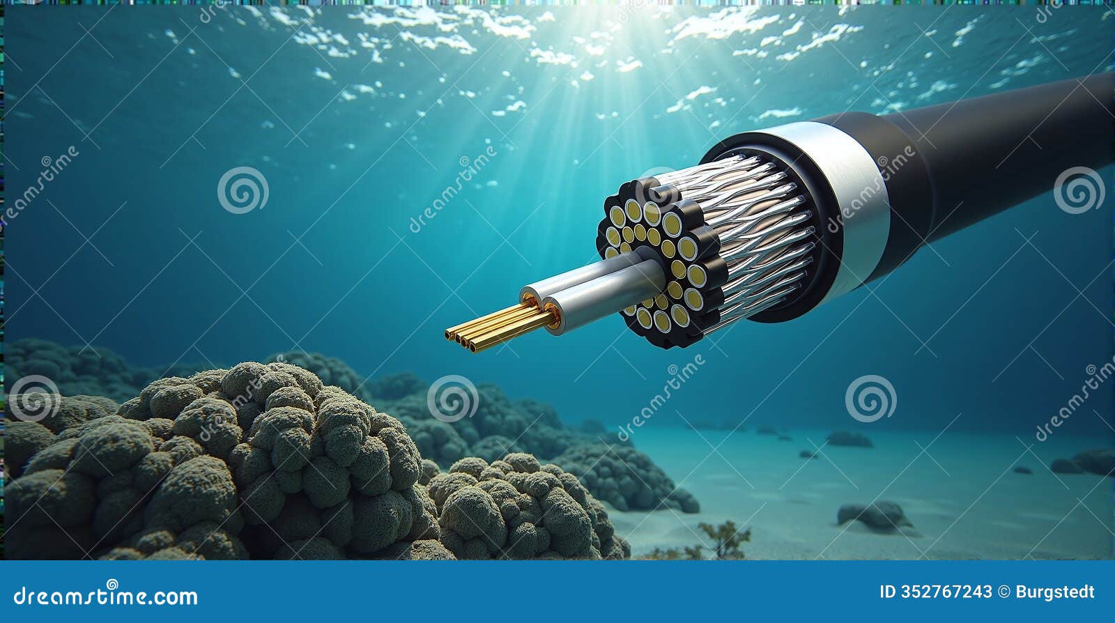 close-up of an underwater fiber optic cable, connecting continents across oceans, enabling global internet and data transmission