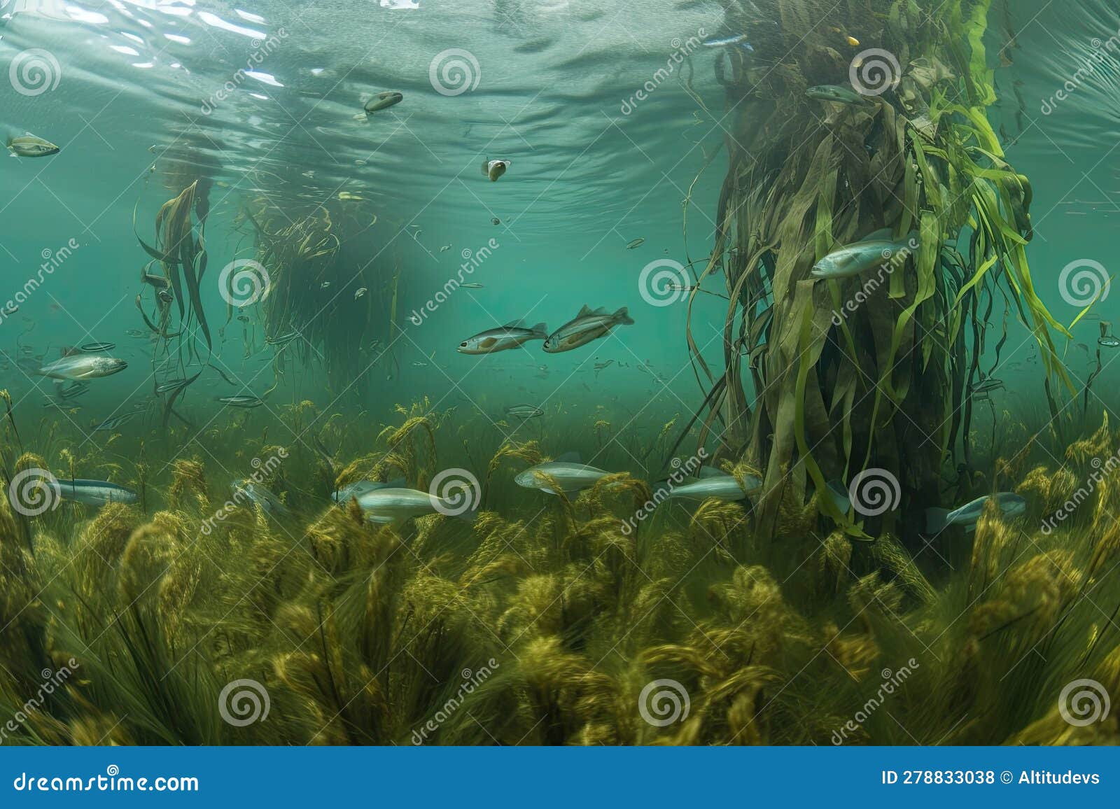 close-up of underwater garden, with kelp, eelgrass, and schools of fish visible