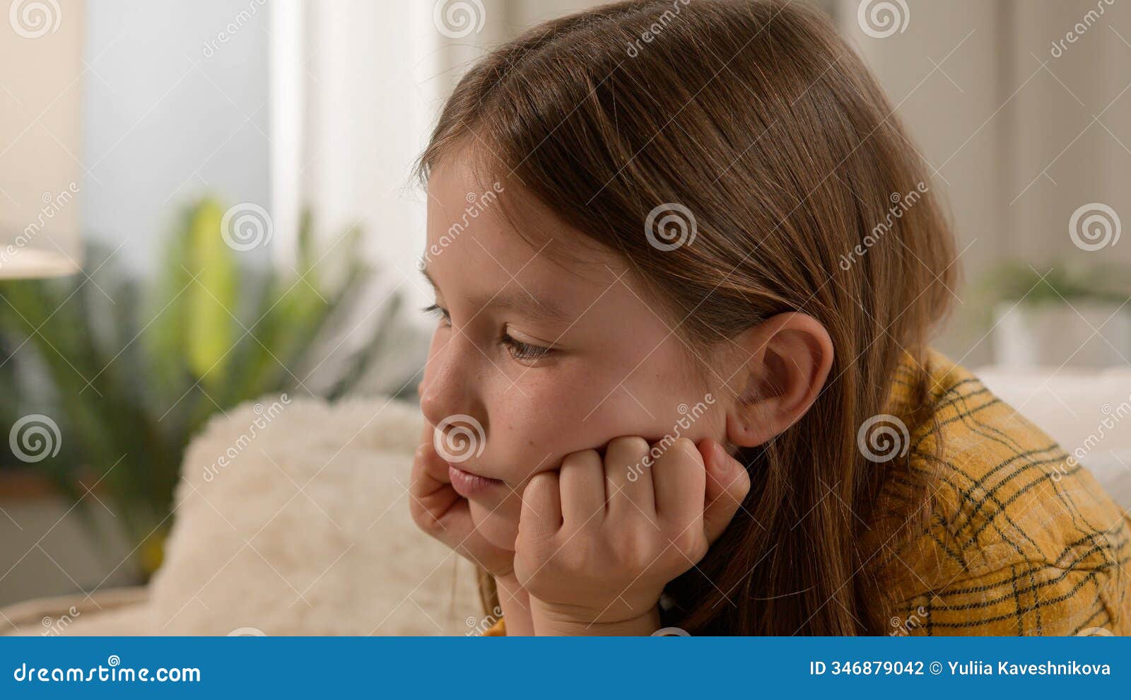 close-up unhappy bored punished caucasian kid girl feeling sad boredom at home alone lonely frustrated disappointed