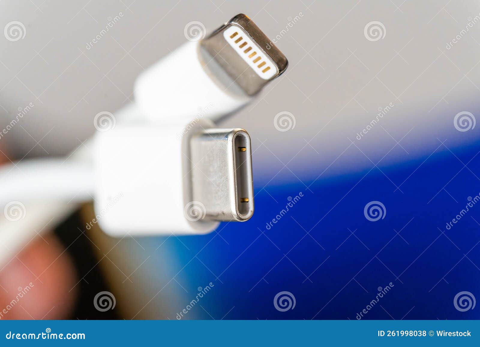 Close Up of USBC Male and Lightning Male Connectors Stock Photo