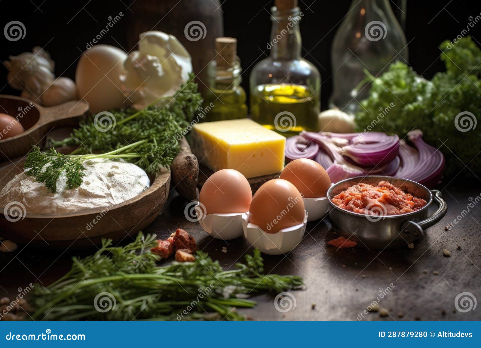 Close-up of Various Ingredients for Quiche Preparation Stock Photo ...