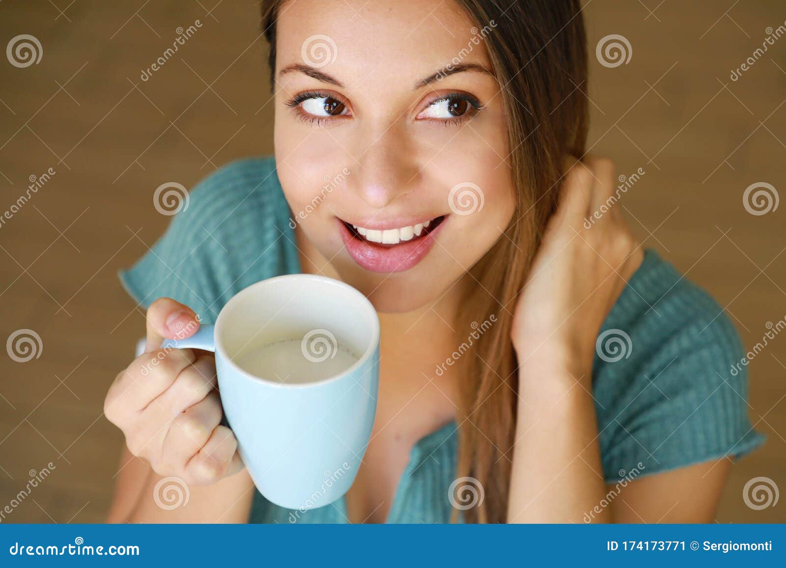 Close Up View From Above Of Woman Drinking Almond Milk Lactosefree