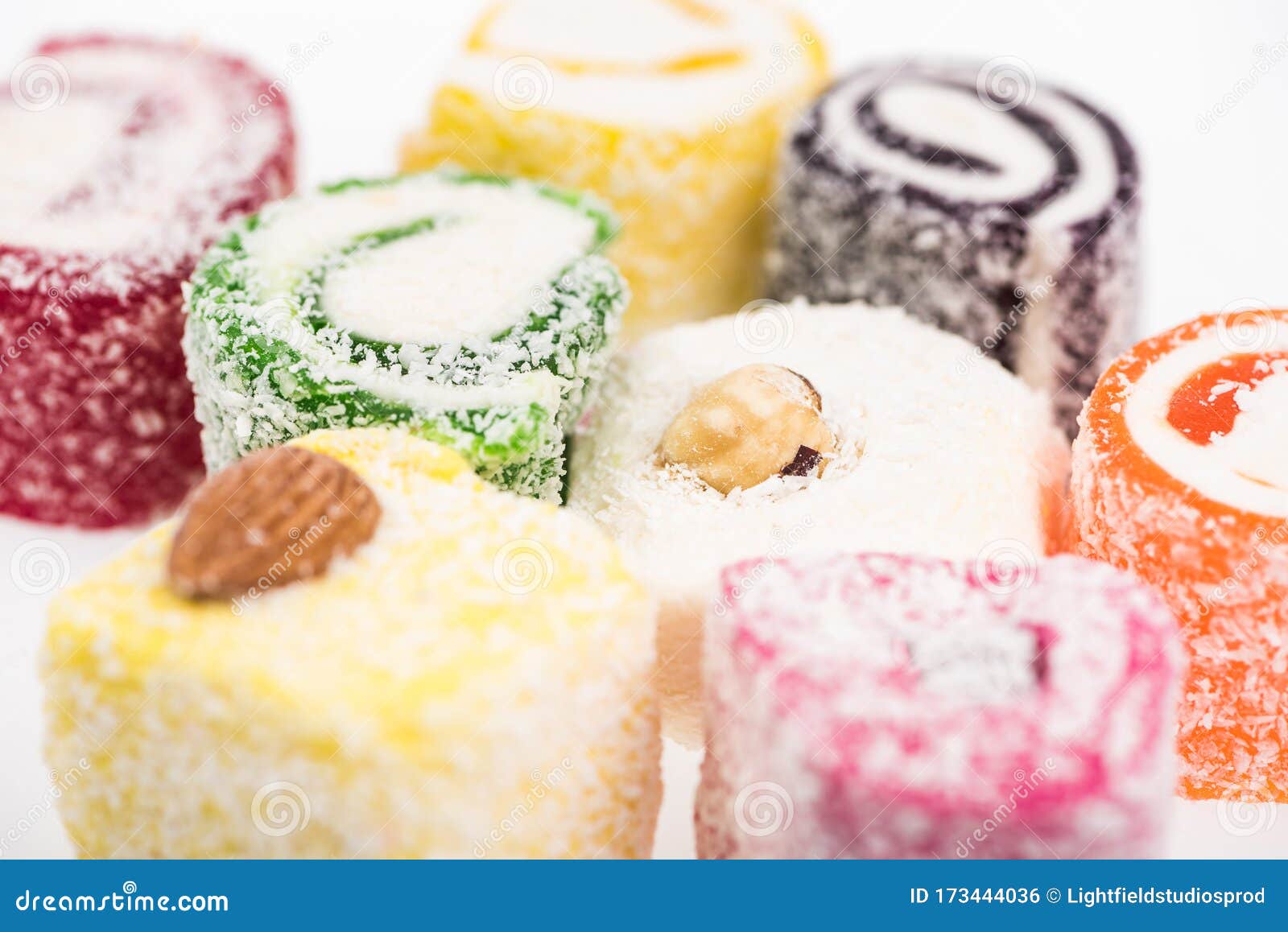 Close Up View Of Assorted Delicious Turkish Delight In Coconut Flakes