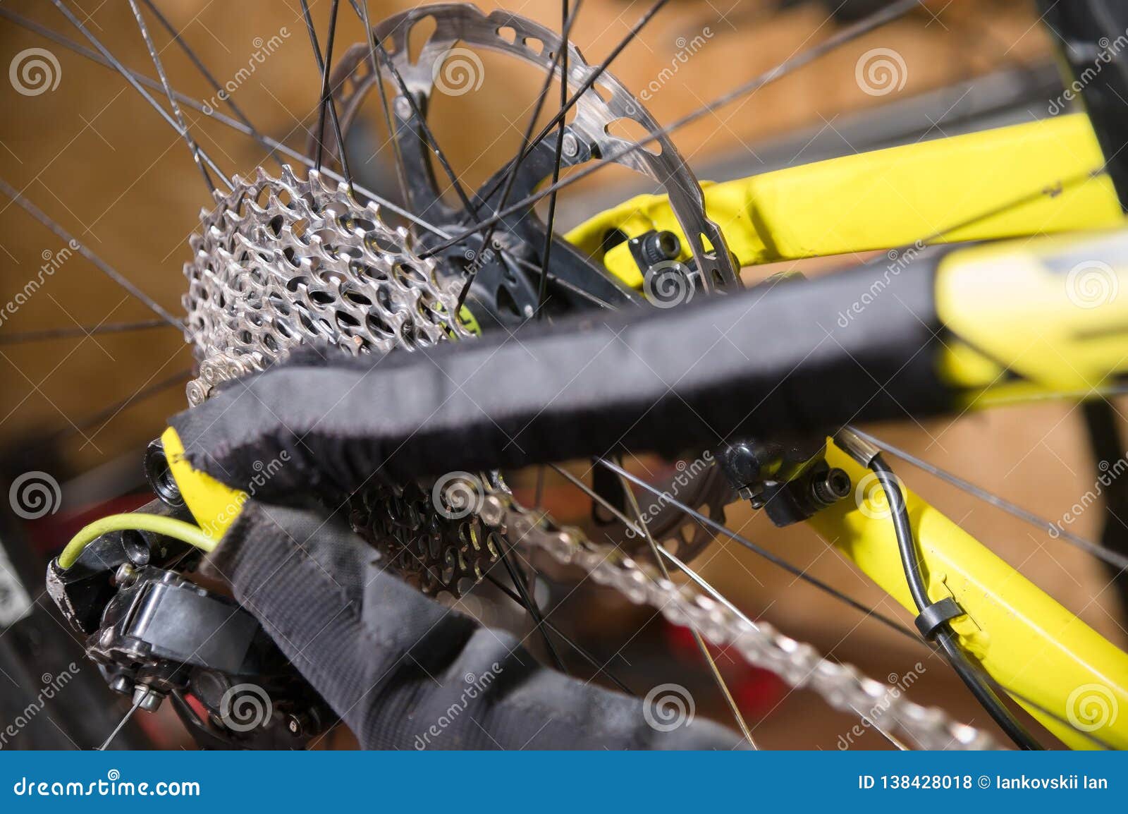 Closeup View of the Bike in Repair. Gear Cassette Closeup. Crafting