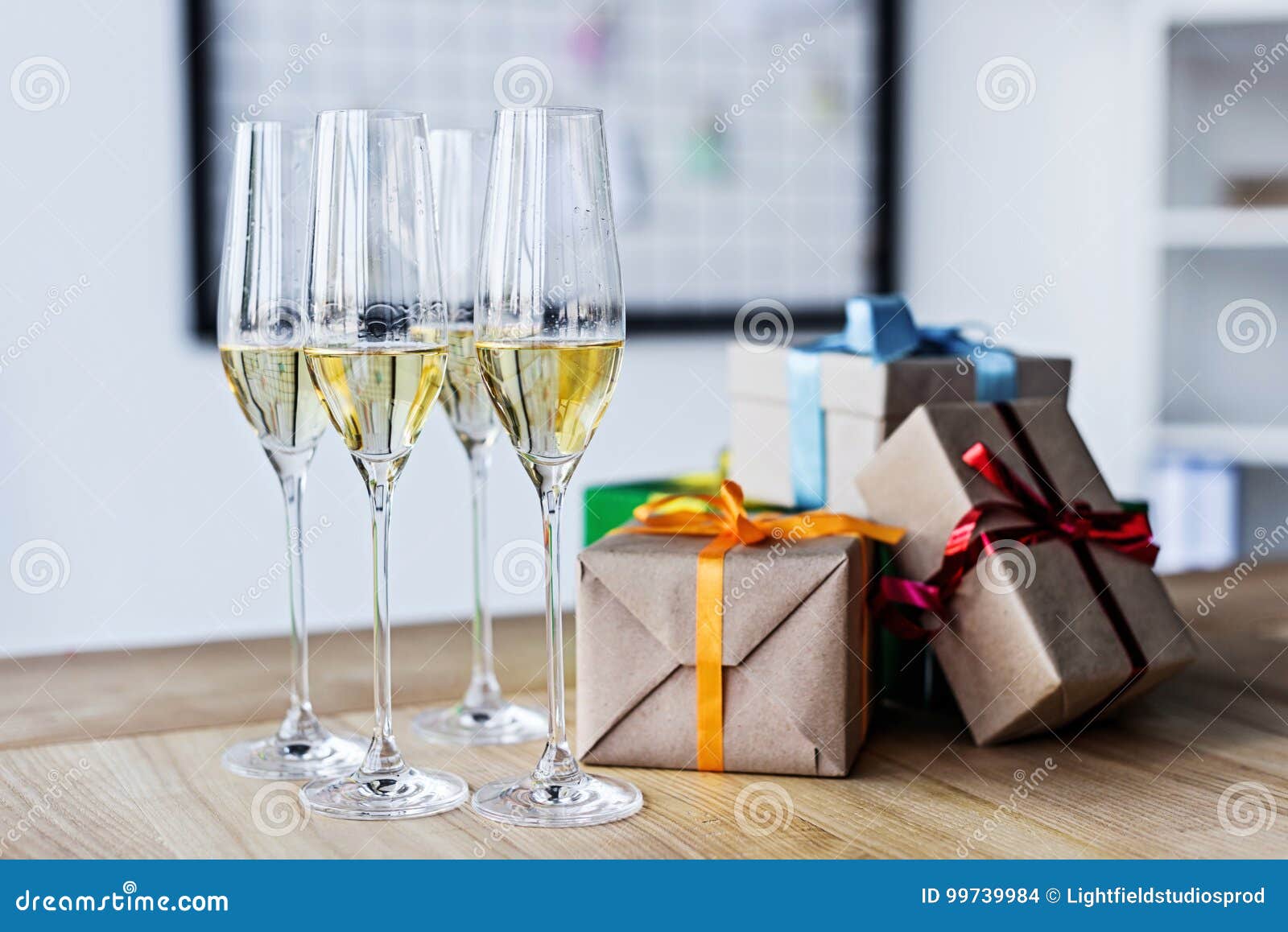 Champagne Glasses and Gift Boxes Stock Photo Image of glasses, party
