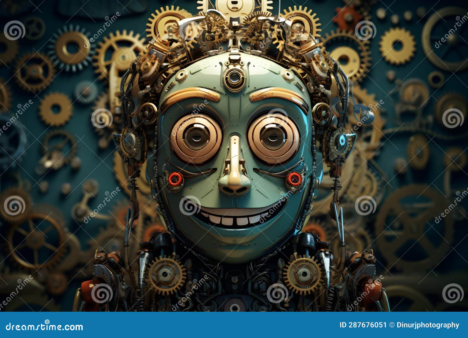 close-up of character made of cogs and wheels