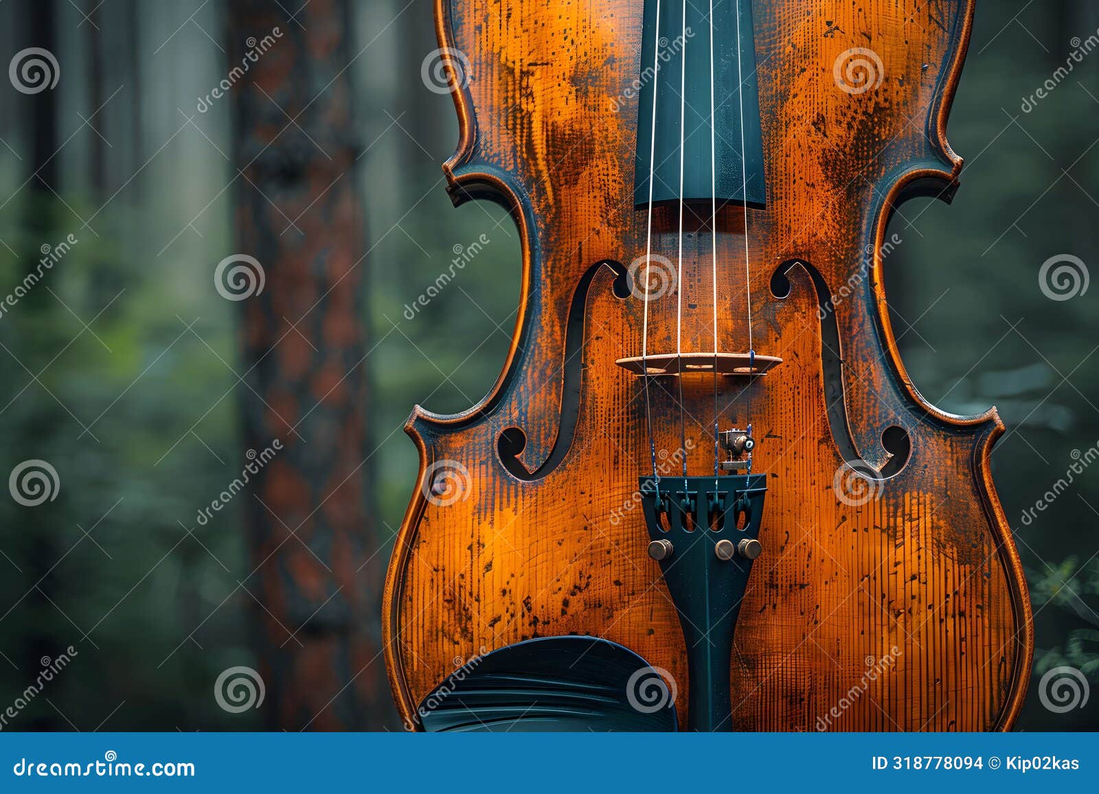 classic violin in a serene forest setting, nature-inspired musical instrument scene, ideal for creativity and