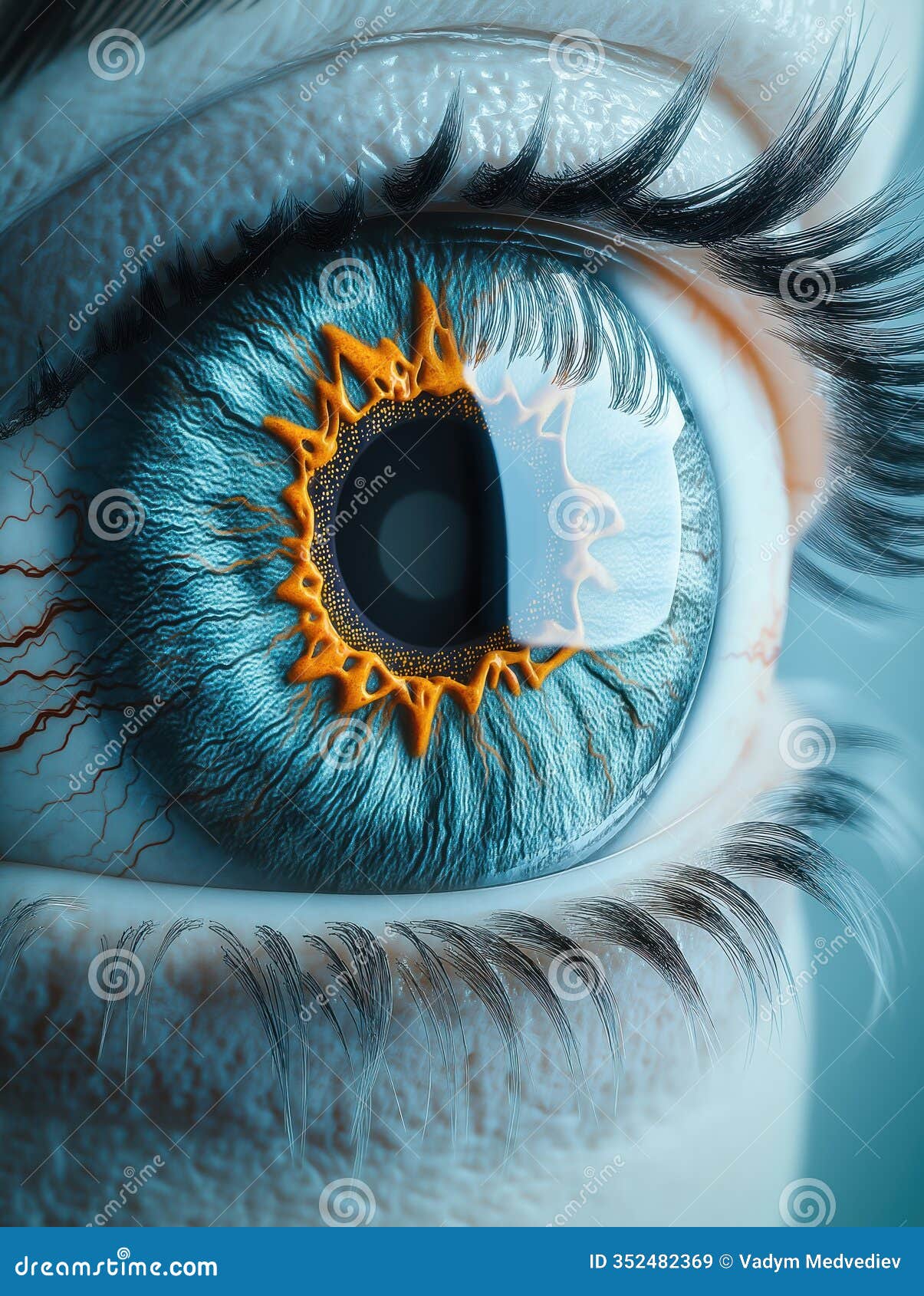 close-up view of detailed blue eyeball. intricate textures, vibrant colors visible in iris, pupil. realistic details make eye