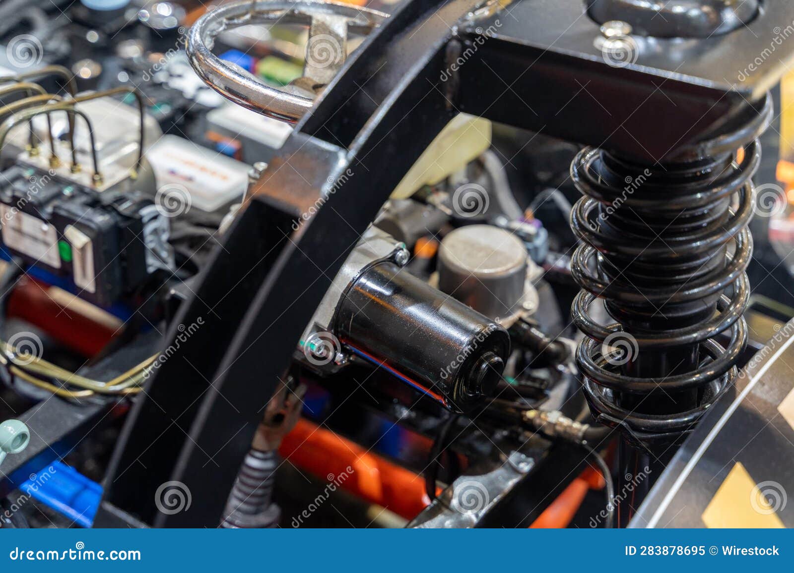 Close Up View of Electronic Car Engine Appliance with Details. Stock