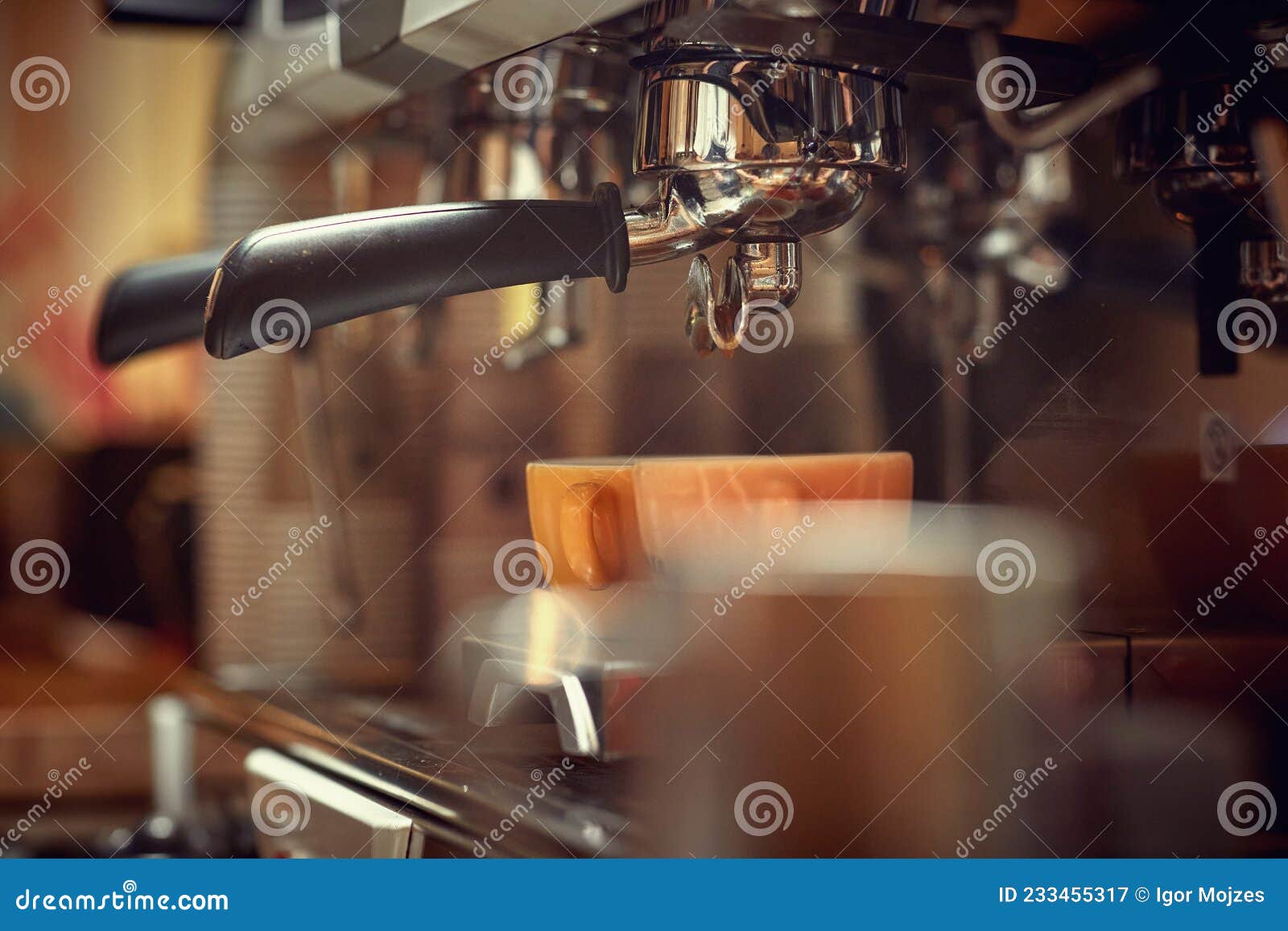Closeup View of an Espresso Apparatus Making a Coffee. Coffee