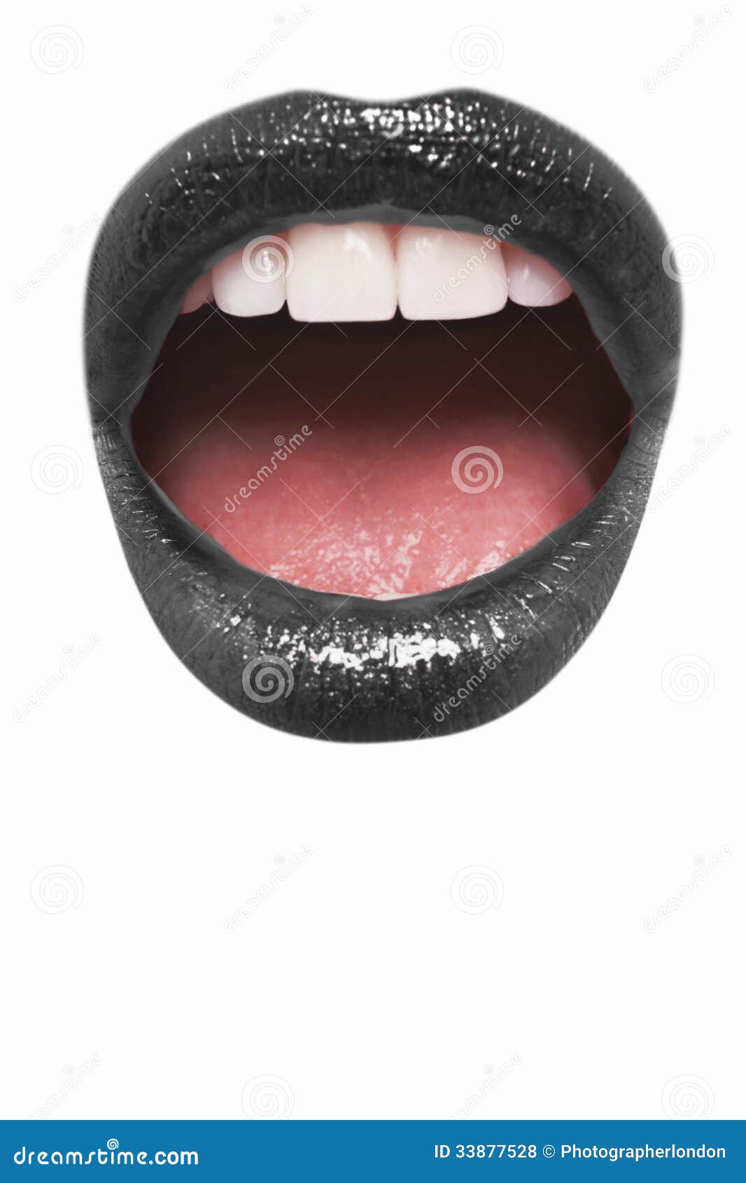 close-up view of female wearing black lipstick with mouth open over white background