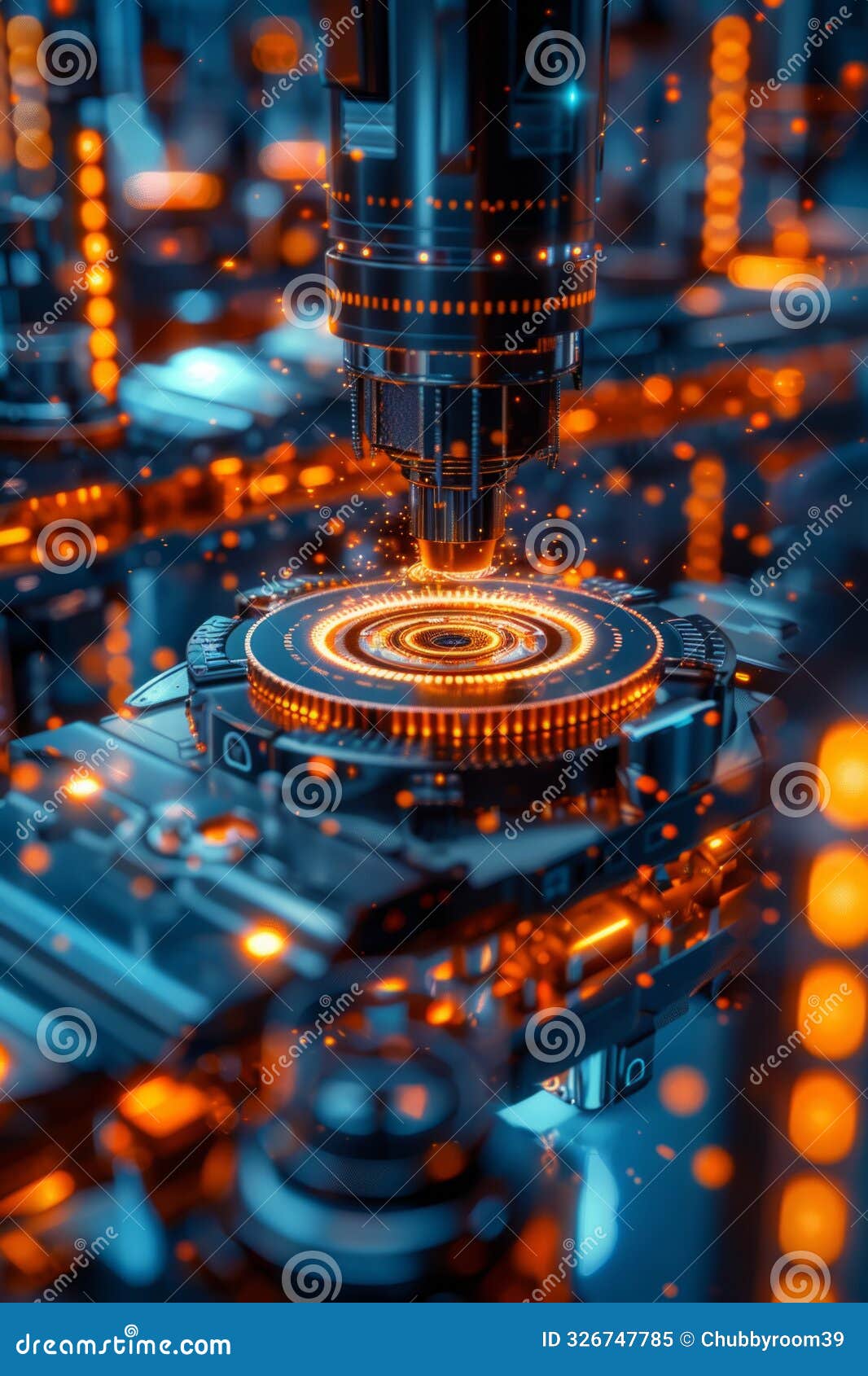 a close-up view of a futuristic, high-tech machine performing intricate work on a complex circuit board with glowing neon