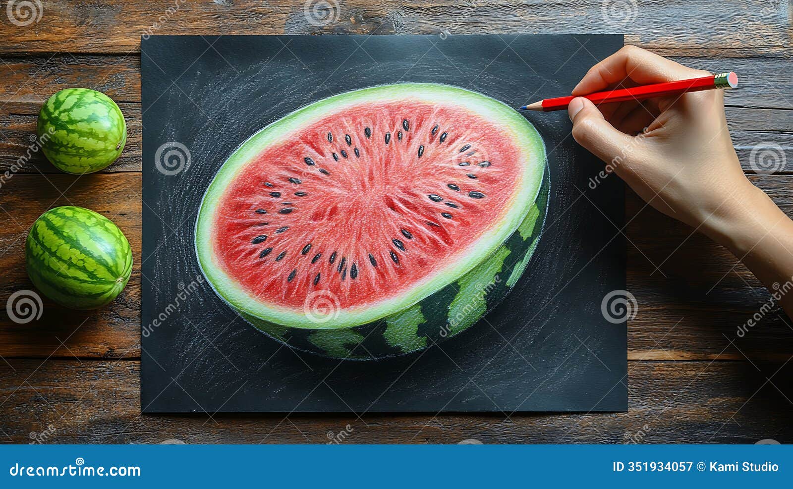 a realistic colored pencil drawing of a watermelon slice on dark paper