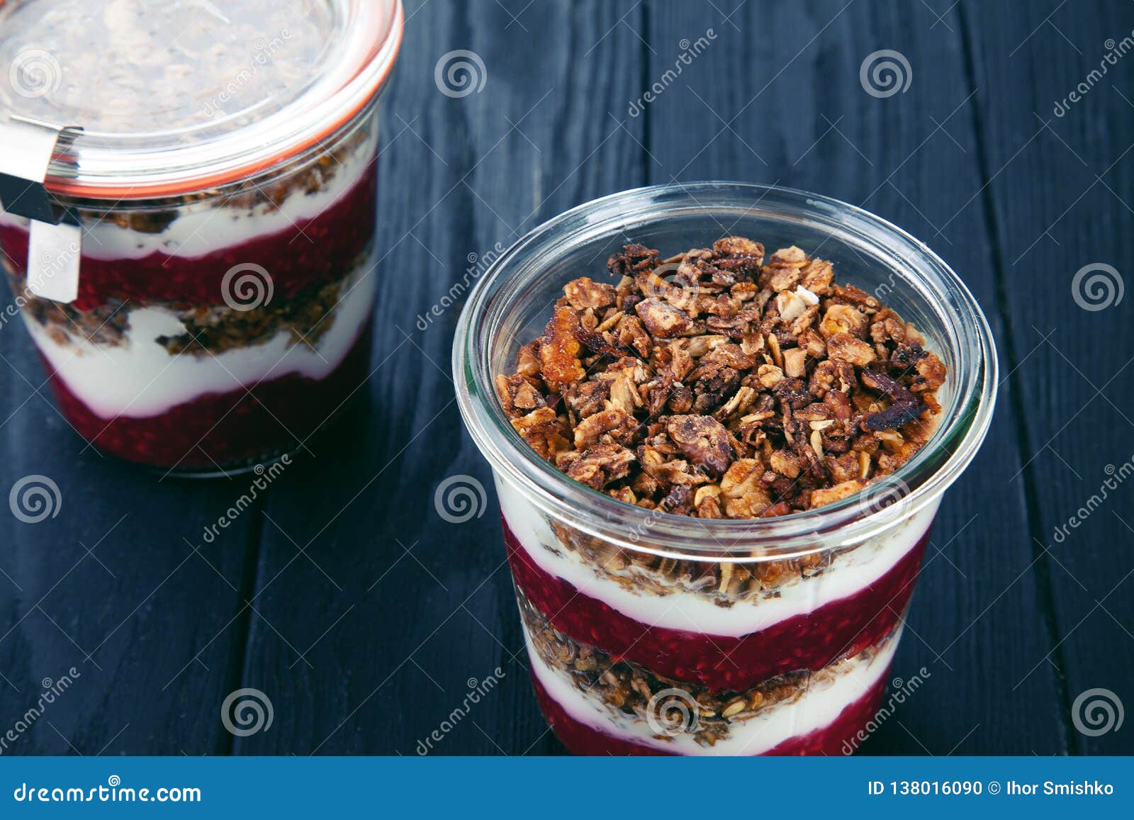 Close Up View on Healthy Homemade Granola Parfait in Jar with Jam ...