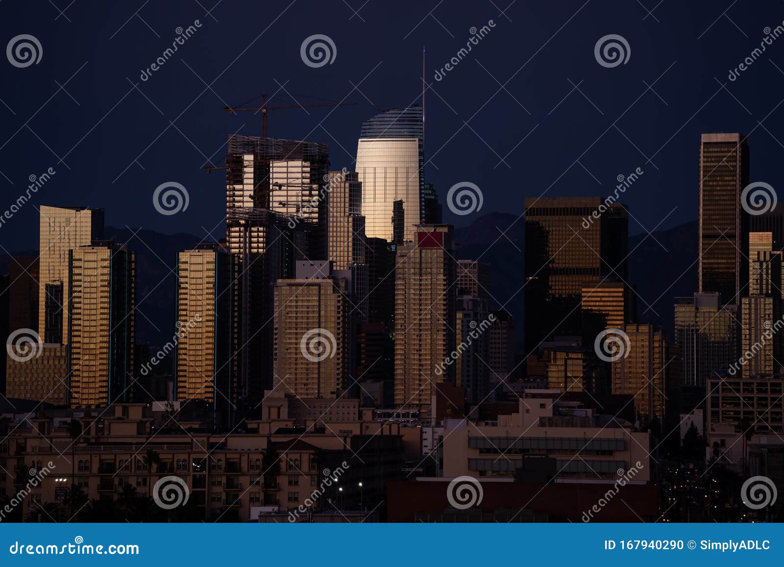 close up view of los angeles highrises in an evening light