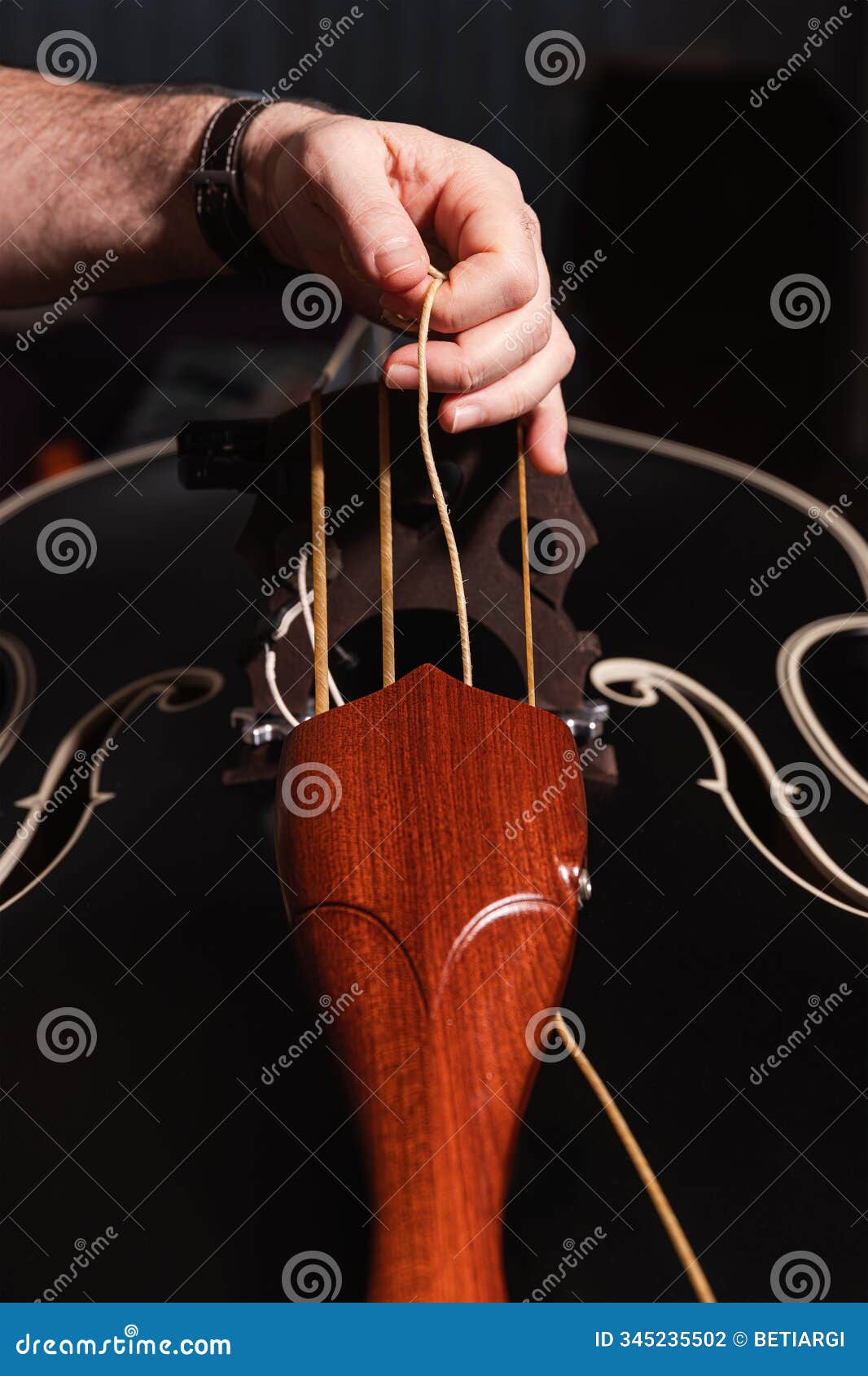close-up view of a man's hand removing the d string (second string) from the tailpiece of a ÃÂ¾ double bass.