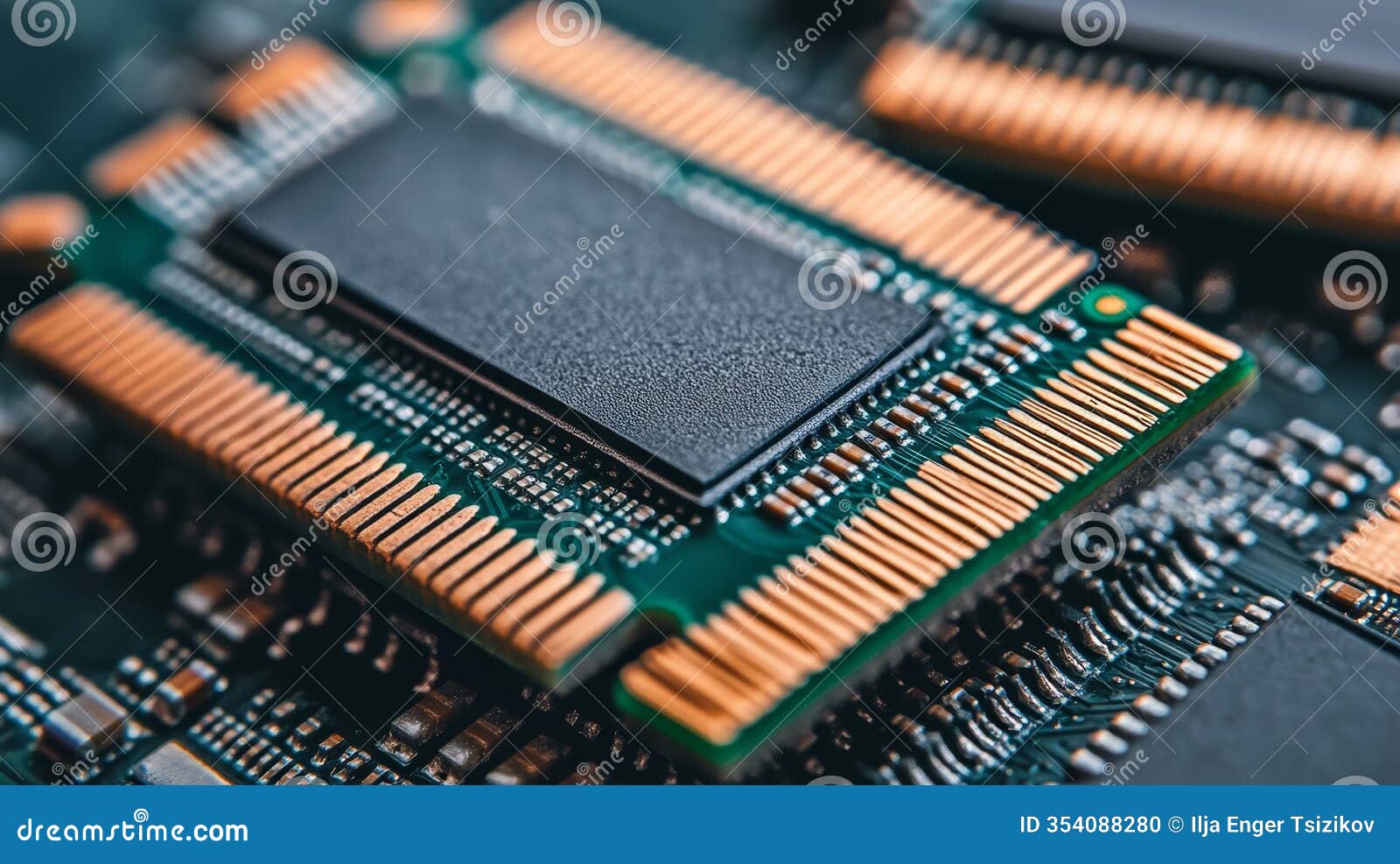 close-up view modern microchip on circuit board. technology, digital hardware  concept