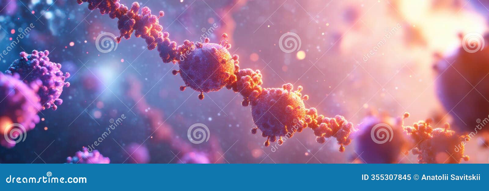 close up view of molecular rna chain surrounded by various virus particles revealing intricate details of cellular