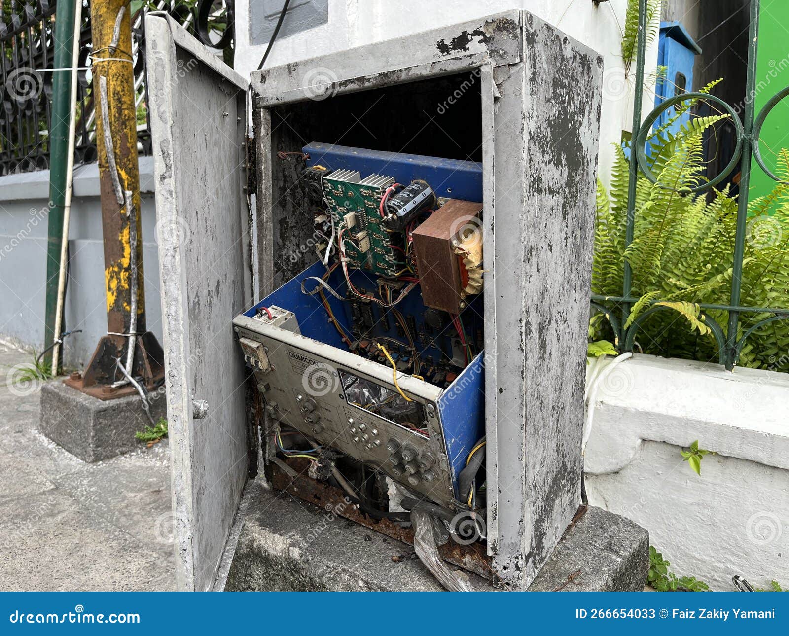 Broken Electrical Panel Box in Front of a Building Stock Image Image