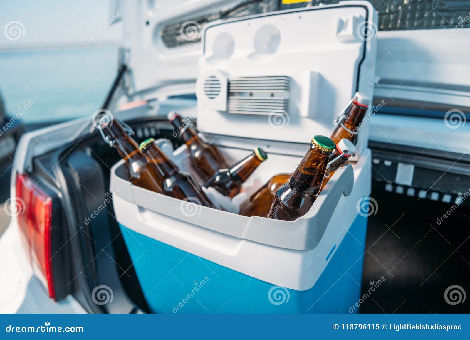 Close Up View of Portable Fridge with Beer Standing Stock Image Image