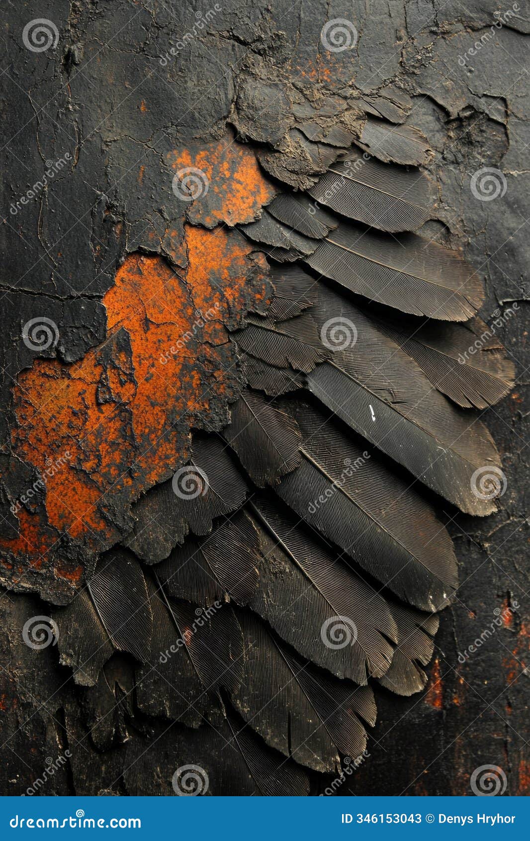 close-up view reveals intricate textures and patterns of owl feathers contrasted with a rustic, peeling background