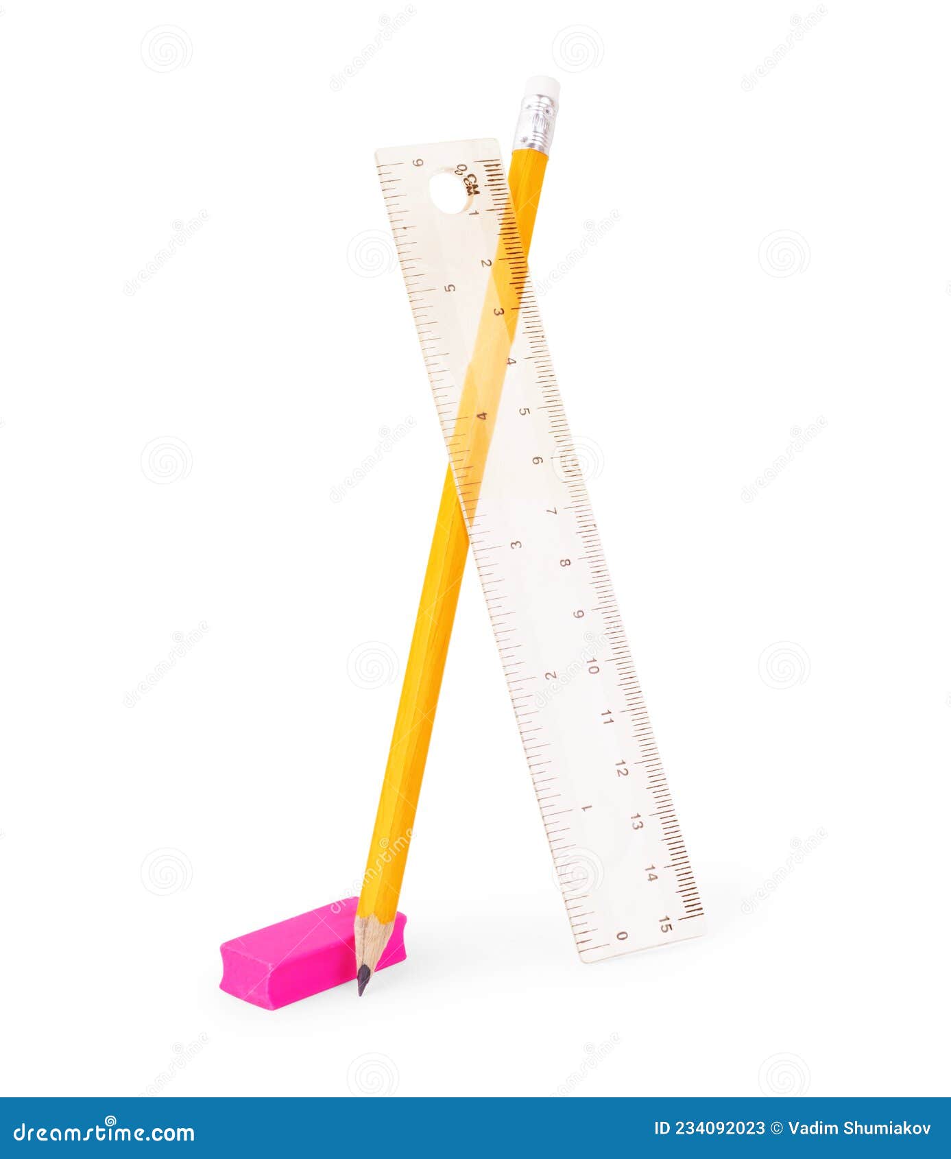 close up view ruler, an eraser and a pencil are  on a white background