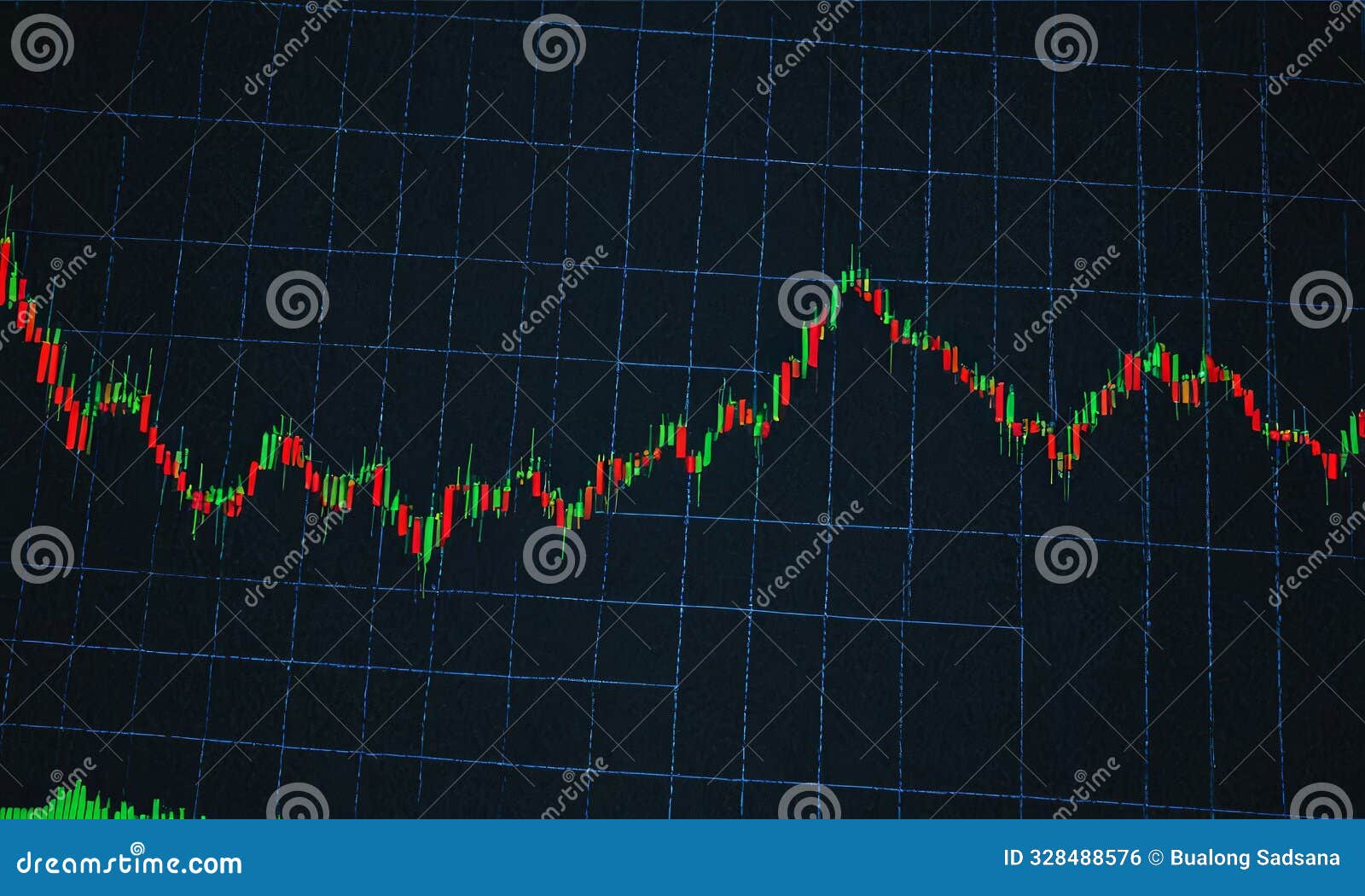 close-up view stock market graph displays sharp upward trend, with red and green lines indicating gains or