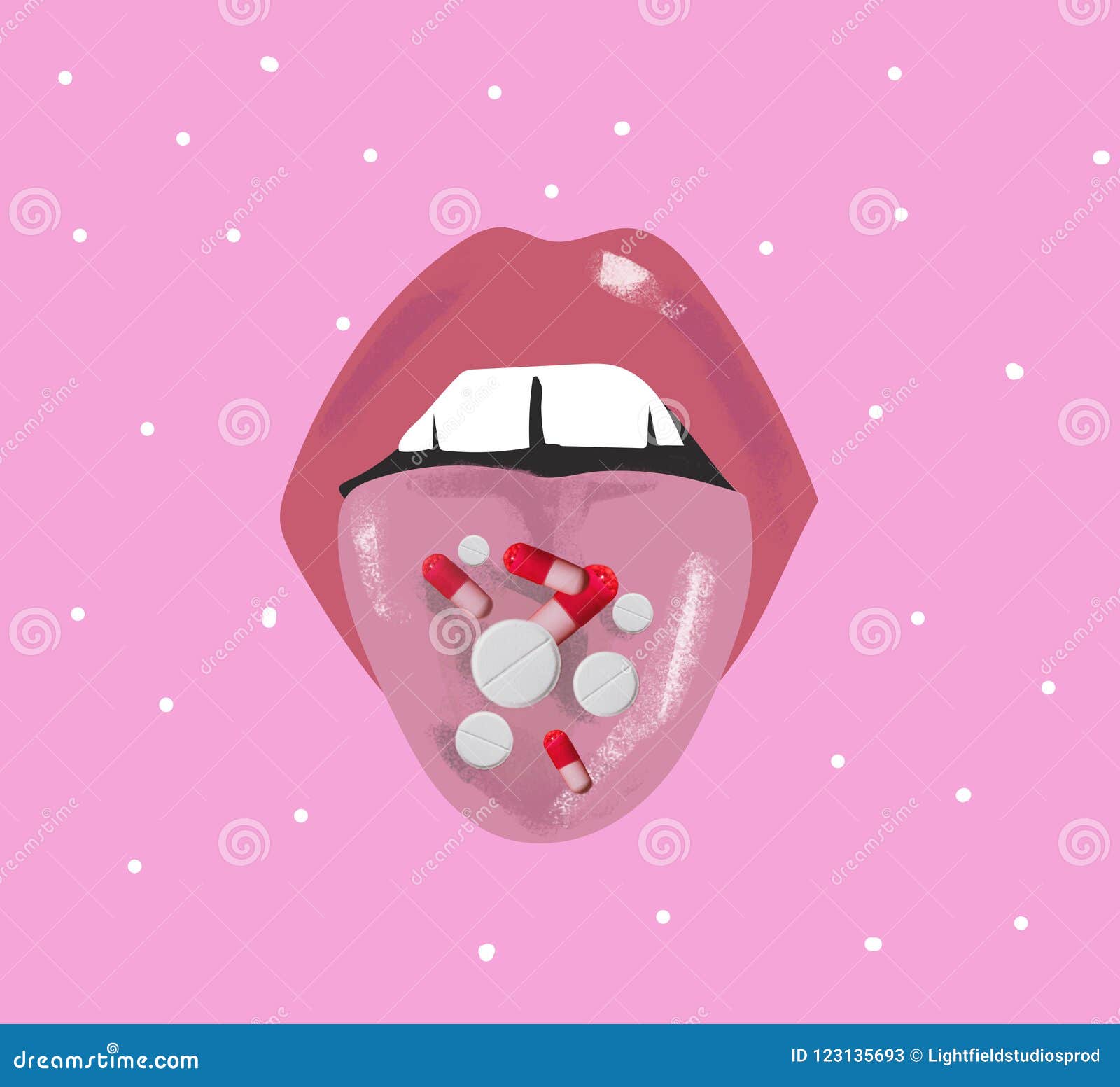 Close-up View of Various Colorful Capsules and Tablets on Female Tongue ...