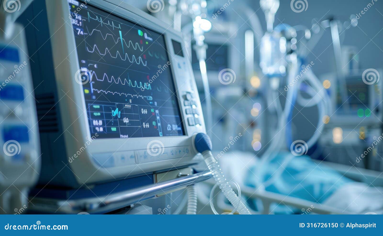 close-up of a vital signs monitor in an icu with medical equipment in the backdrop