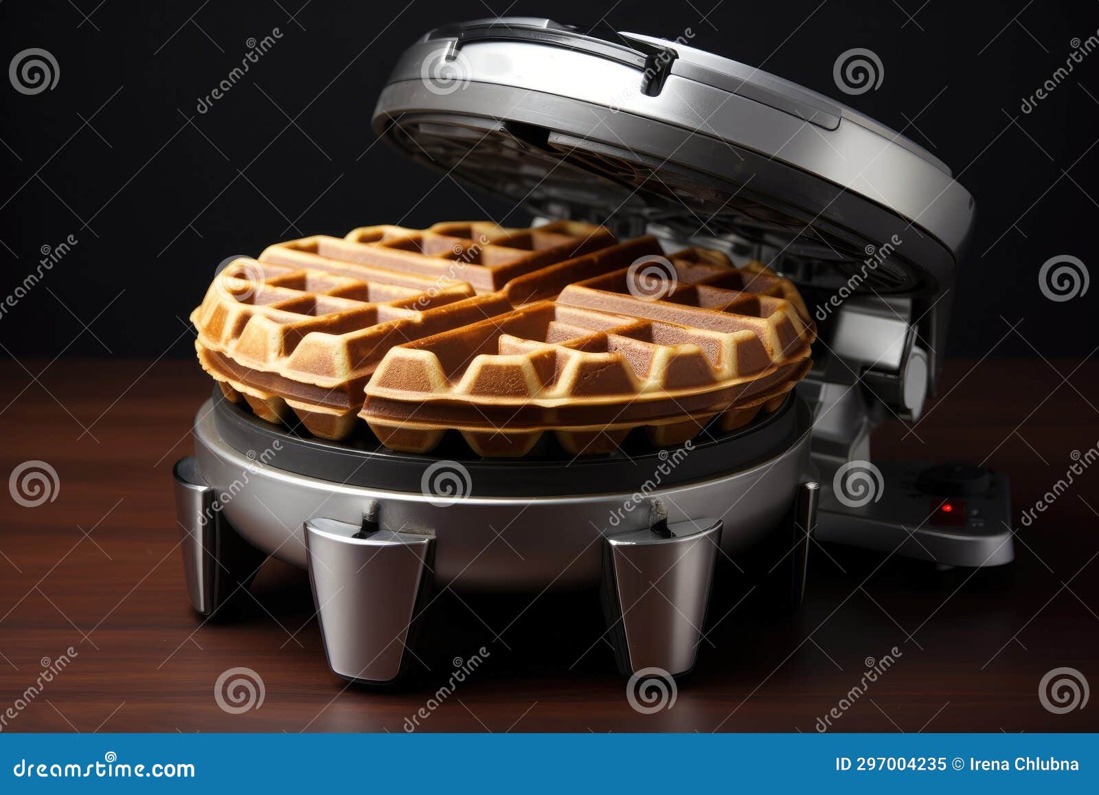 Close Up of Waffles Baked on Waffle Maker Iron Machine. Generative AI