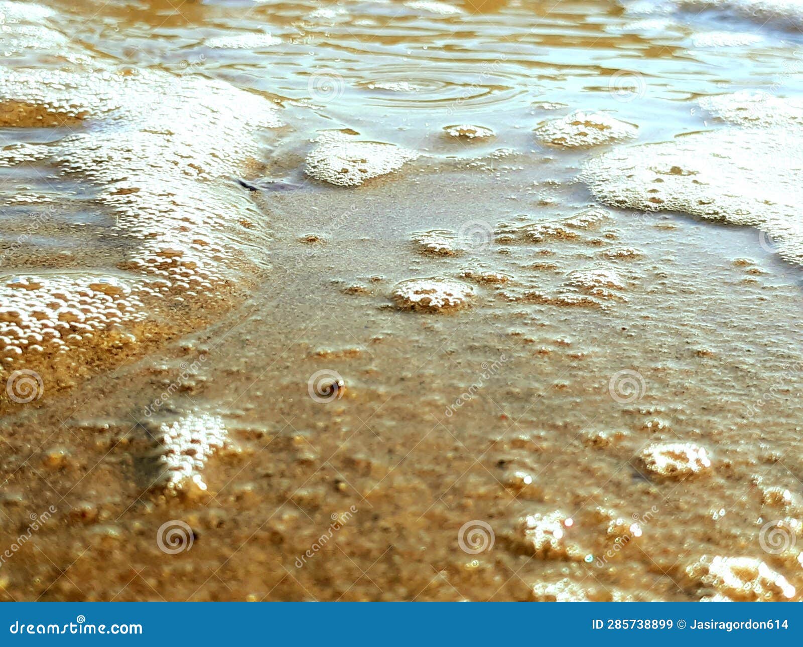 Close Up of Water, Bubbles and Sand on the Beach Stock Image Image of