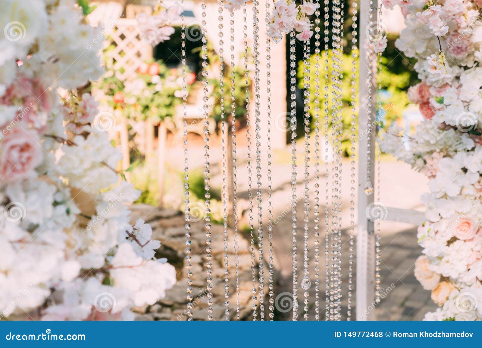 Close Up of Wedding Decor, Beads, Flowers, Arch. Wedding Day and