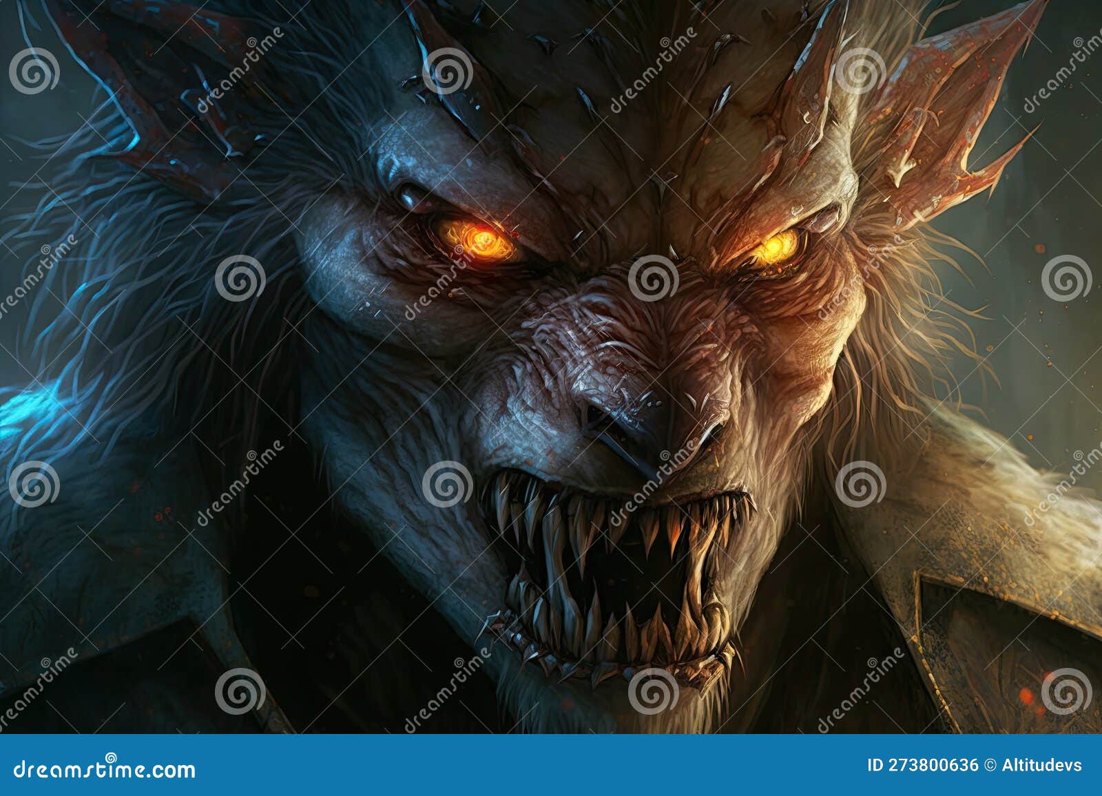 close-up of werewolf's terrifying face, with sharp teeth and piercing eyes