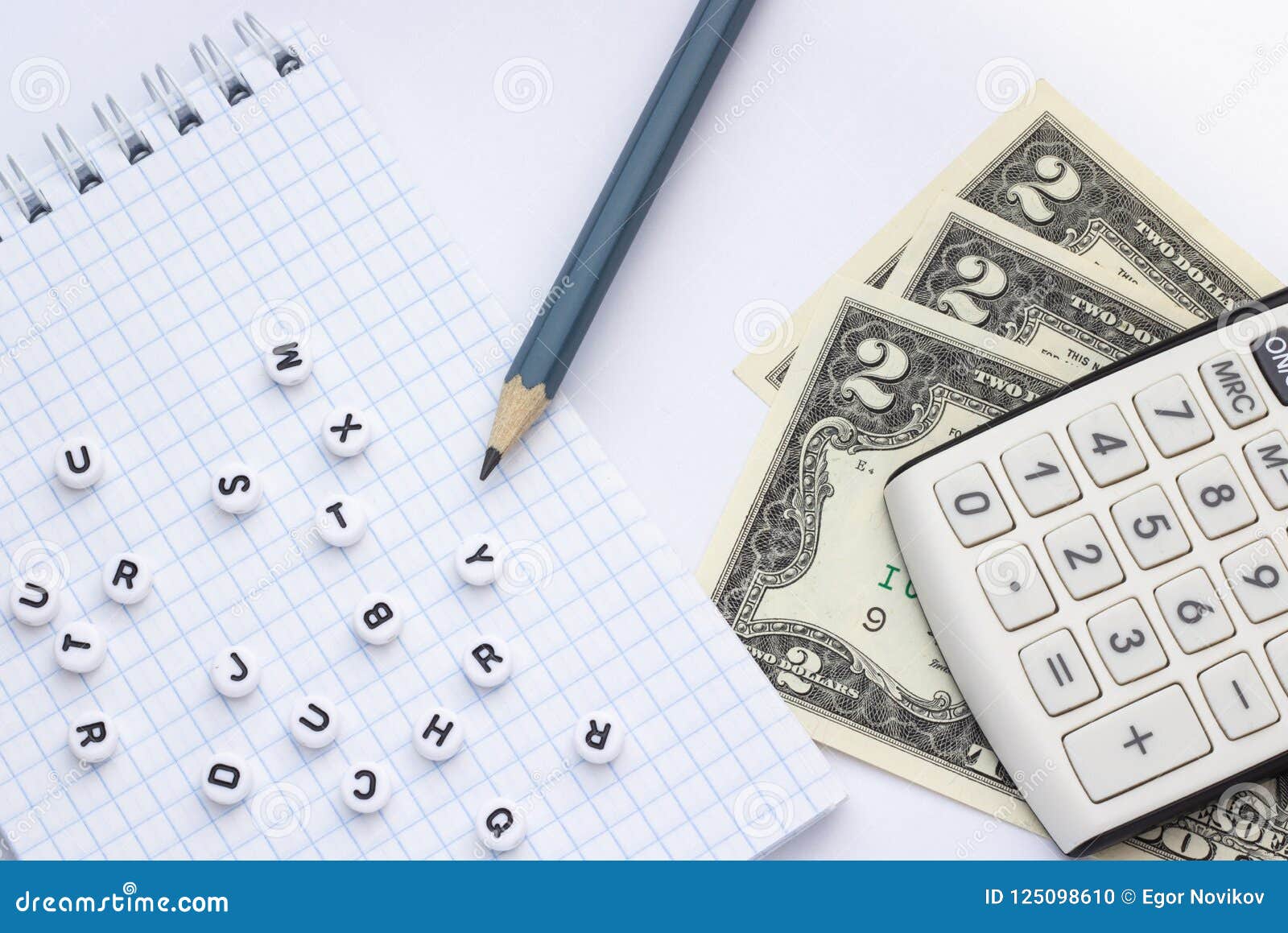 Close-up, on a White Background Calculator, Money and a Notepad with  Letters Stock Photo - Image of background, account: 125098610